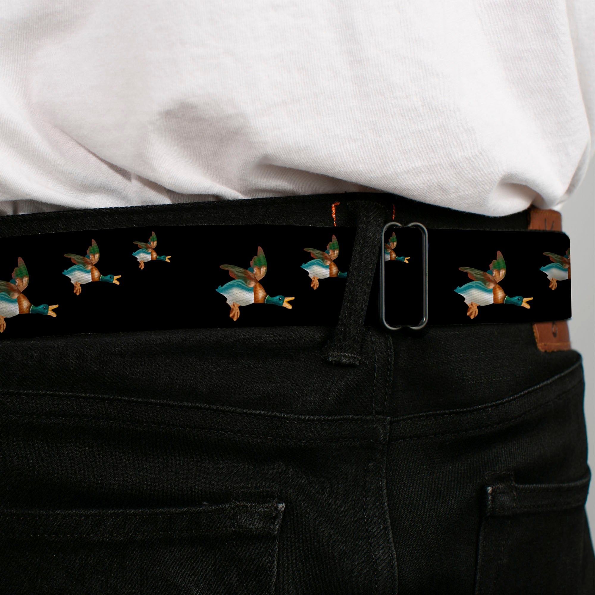 BD Wings Logo CLOSE-UP Full Color Black Silver Seatbelt Belt - Flying Mallards Black Webbing Seatbelt Belts Buckle-Down
