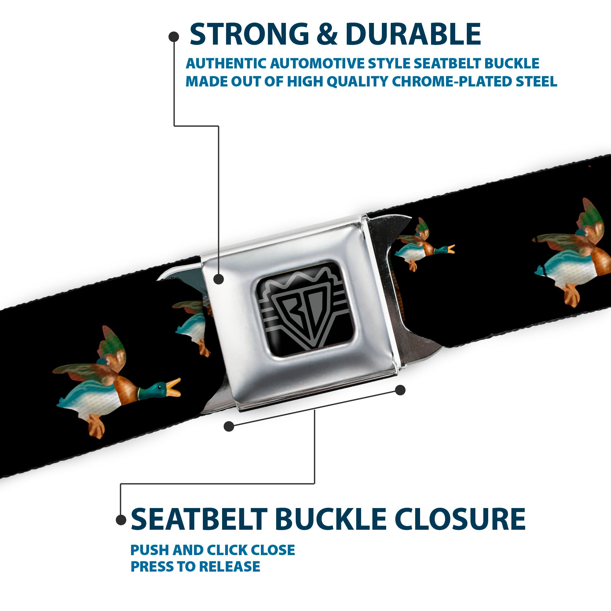 BD Wings Logo CLOSE-UP Full Color Black Silver Seatbelt Belt - Flying Mallards Black Webbing Seatbelt Belts Buckle-Down