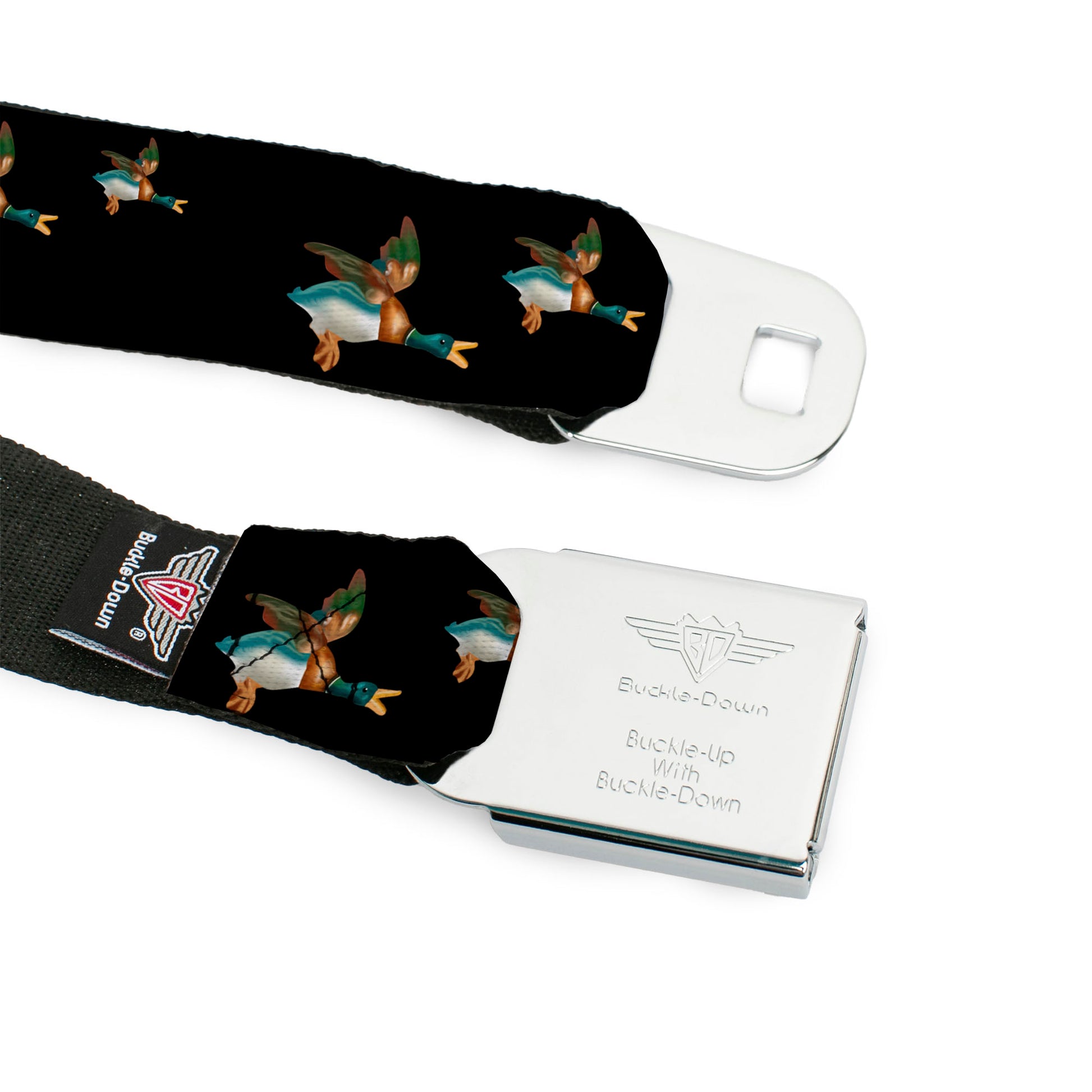 BD Wings Logo CLOSE-UP Full Color Black Silver Seatbelt Belt - Flying Mallards Black Webbing Seatbelt Belts Buckle-Down