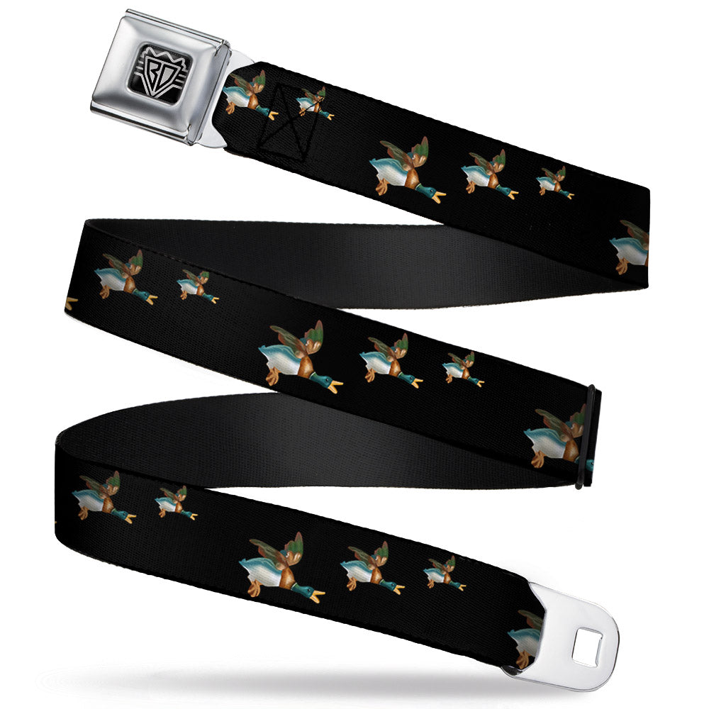 BD Wings Logo CLOSE-UP Full Color Black Silver Seatbelt Belt - Flying Mallards Black Webbing Seatbelt Belts Buckle-Down