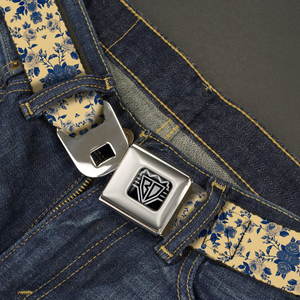 BD Wings Logo CLOSE-UP Full Color Black Silver Seatbelt Belt - Floral Collage Tan/Blue Webbing Seatbelt Belts Buckle-Down