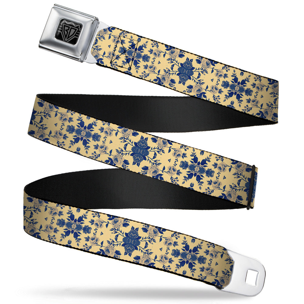 BD Wings Logo CLOSE-UP Full Color Black Silver Seatbelt Belt - Floral Collage Tan/Blue Webbing Seatbelt Belts Buckle-Down