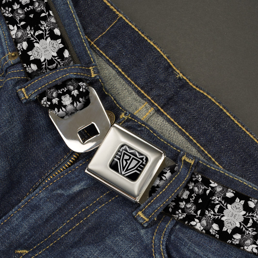 BD Wings Logo CLOSE-UP Full Color Black Silver Seatbelt Belt - Floral Collage Black/Gray/White Webbing Seatbelt Belts Buckle-Down