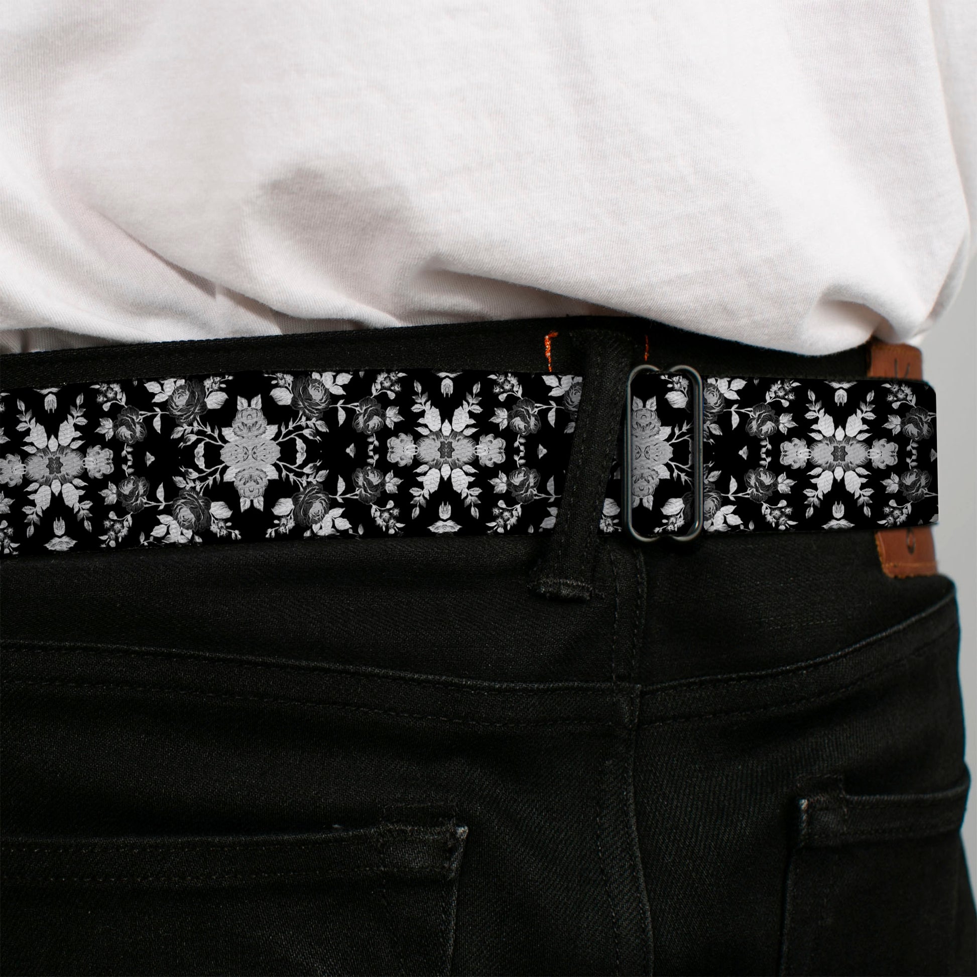 BD Wings Logo CLOSE-UP Full Color Black Silver Seatbelt Belt - Floral Collage Black/Gray/White Webbing Seatbelt Belts Buckle-Down