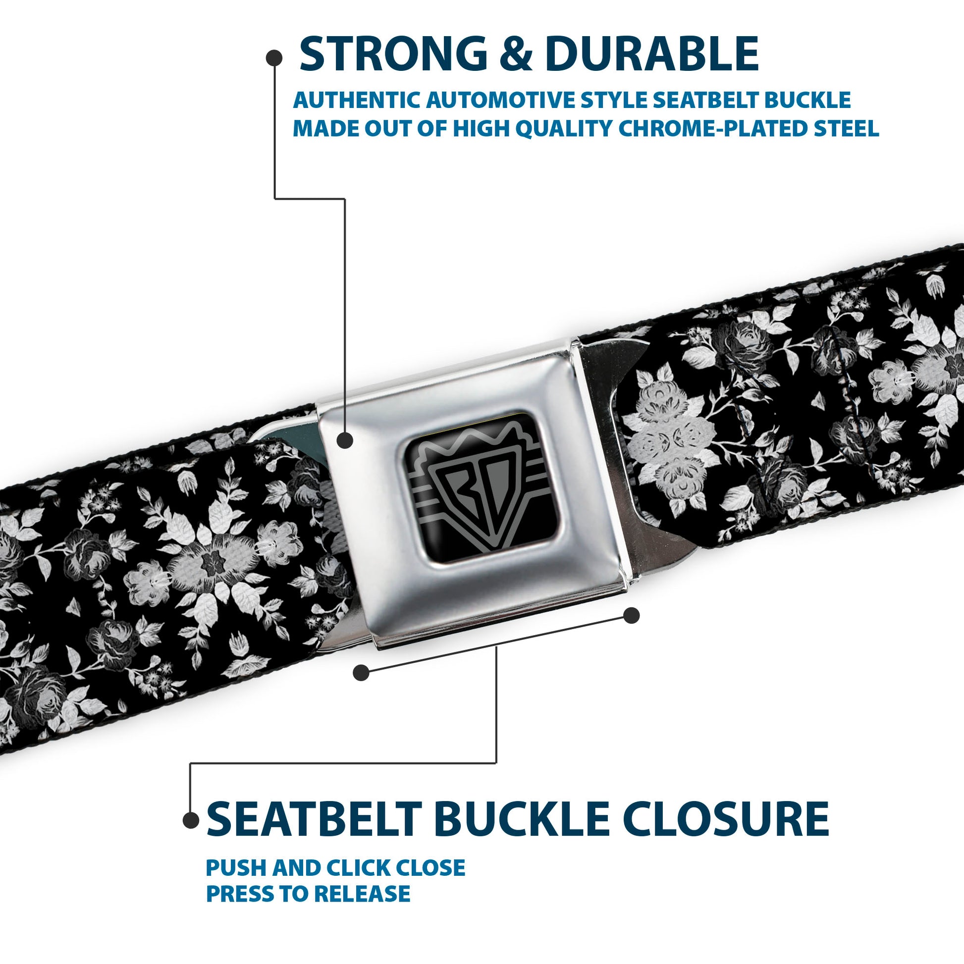 BD Wings Logo CLOSE-UP Full Color Black Silver Seatbelt Belt - Floral Collage Black/Gray/White Webbing Seatbelt Belts Buckle-Down