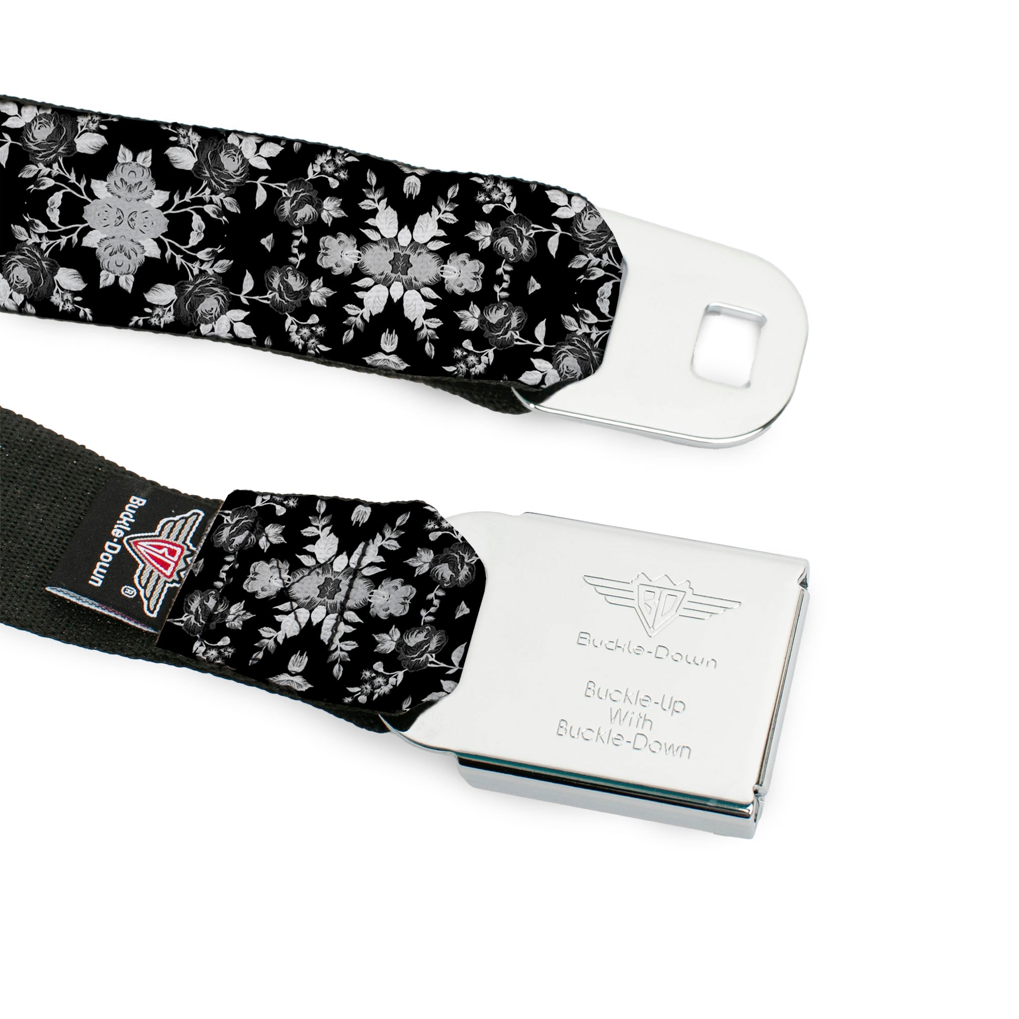 BD Wings Logo CLOSE-UP Full Color Black Silver Seatbelt Belt - Floral Collage Black/Gray/White Webbing Seatbelt Belts Buckle-Down