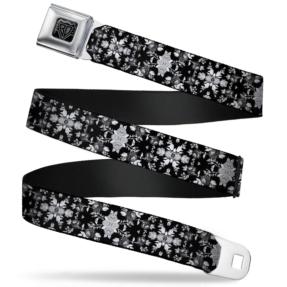 BD Wings Logo CLOSE-UP Full Color Black Silver Seatbelt Belt - Floral Collage Black/Gray/White Webbing Seatbelt Belts Buckle-Down