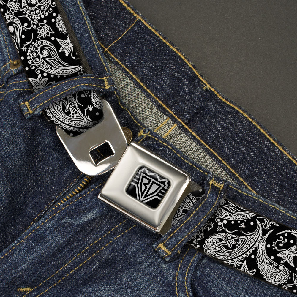 BD Wings Logo CLOSE-UP Full Color Black Silver Seatbelt Belt - Floral Paisley Black/White Webbing Seatbelt Belts Buckle-Down