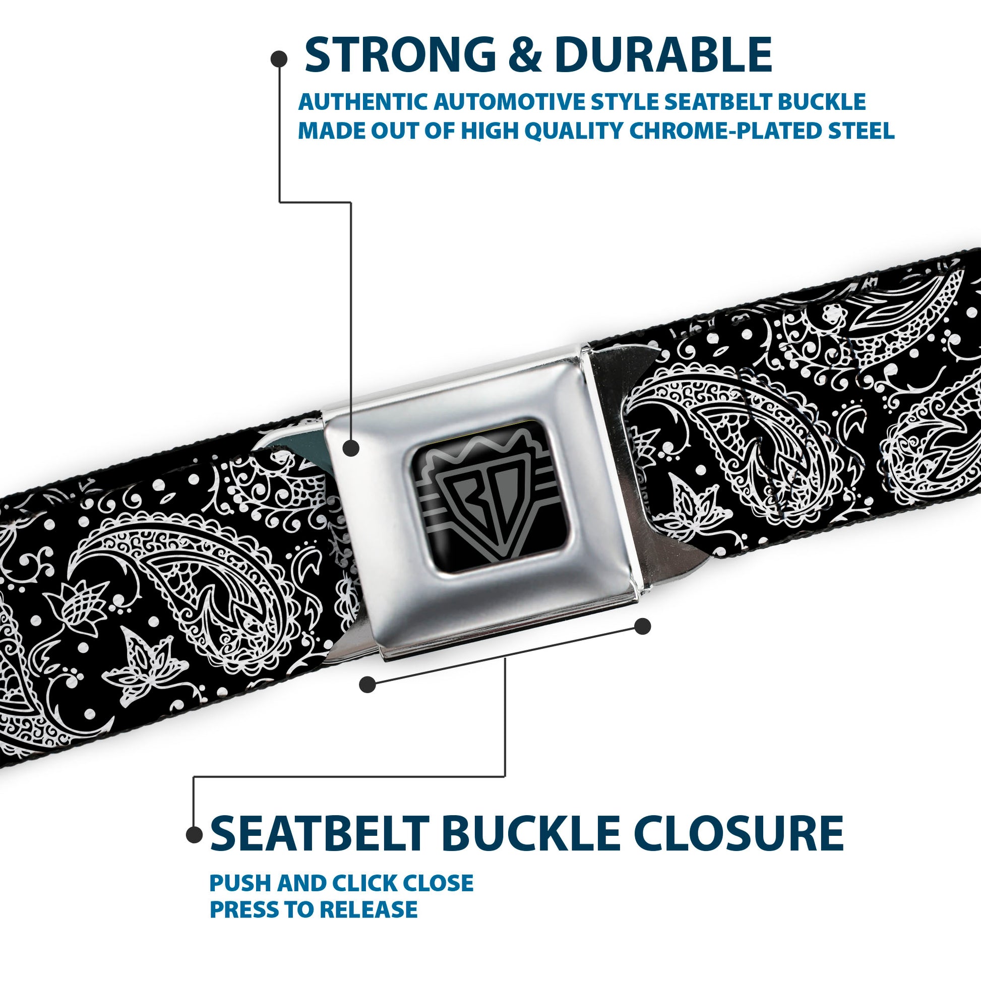 BD Wings Logo CLOSE-UP Full Color Black Silver Seatbelt Belt - Floral Paisley Black/White Webbing Seatbelt Belts Buckle-Down