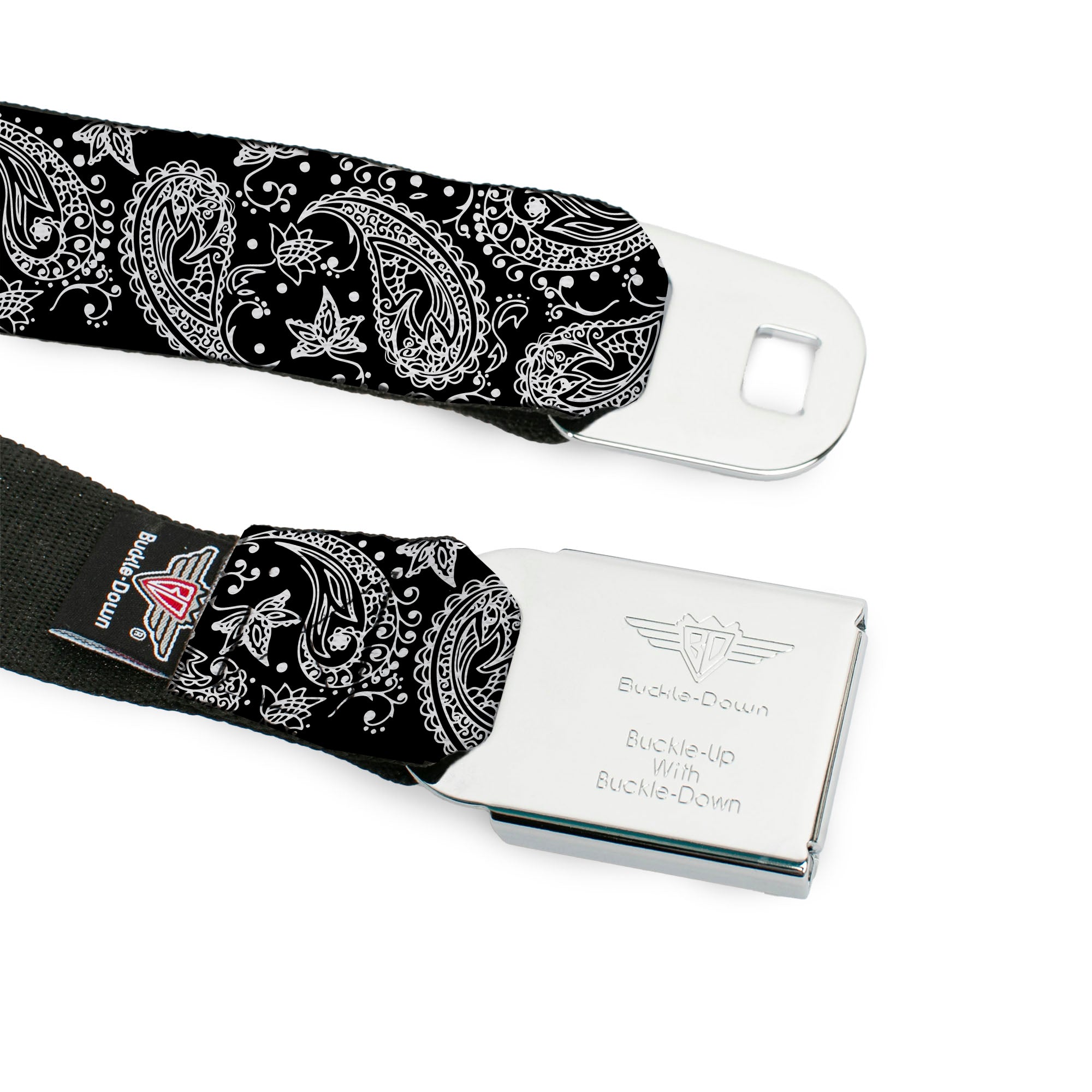 BD Wings Logo CLOSE-UP Full Color Black Silver Seatbelt Belt - Floral Paisley Black/White Webbing Seatbelt Belts Buckle-Down