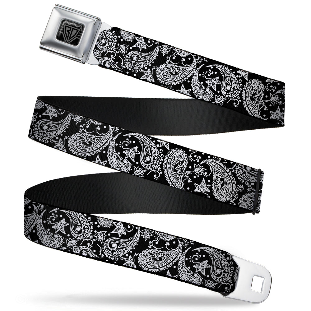 BD Wings Logo CLOSE-UP Full Color Black Silver Seatbelt Belt - Floral Paisley Black/White Webbing Seatbelt Belts Buckle-Down