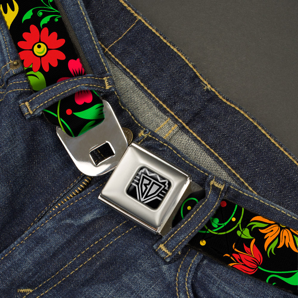 BD Wings Logo CLOSE-UP Full Color Black Silver Seatbelt Belt - Floral Collage2 Black/Red/Orange/Green Webbing Seatbelt Belts Buckle-Down