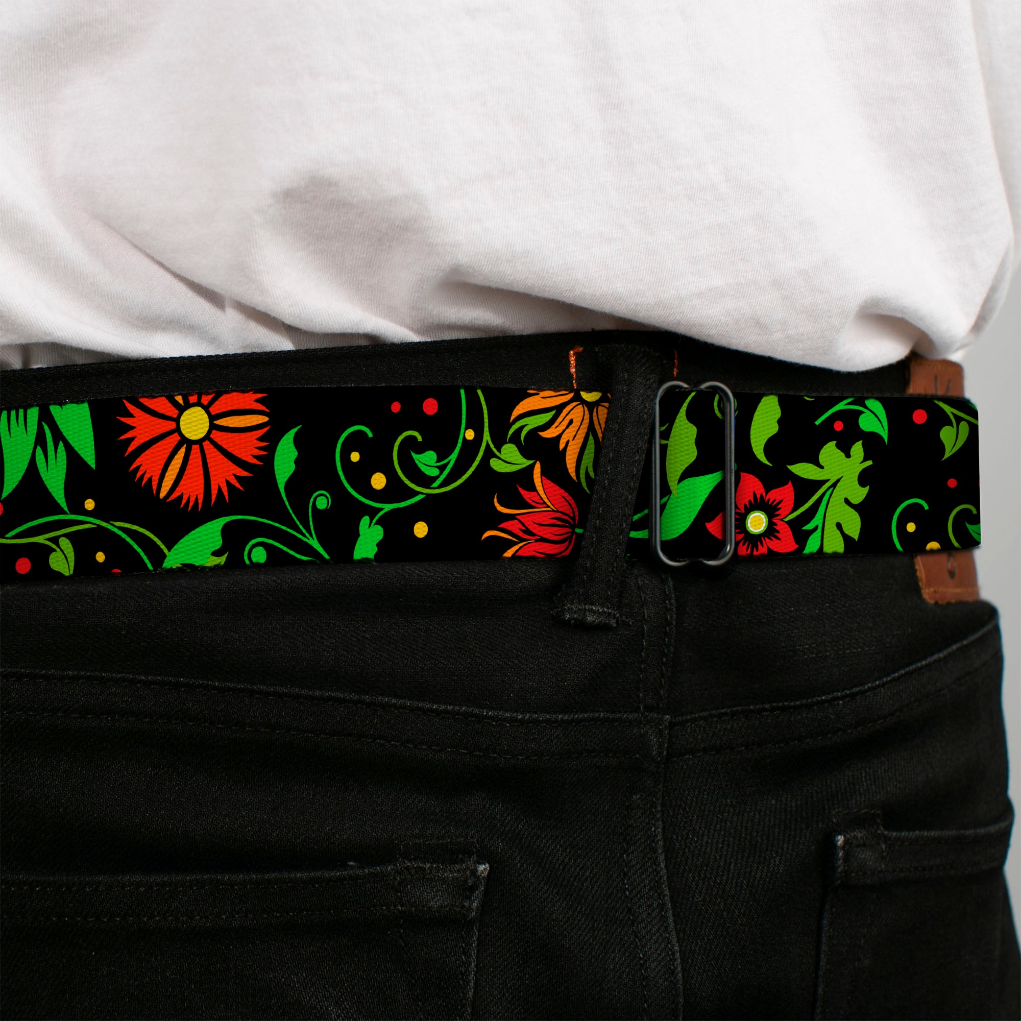 BD Wings Logo CLOSE-UP Full Color Black Silver Seatbelt Belt - Floral Collage2 Black/Red/Orange/Green Webbing Seatbelt Belts Buckle-Down
