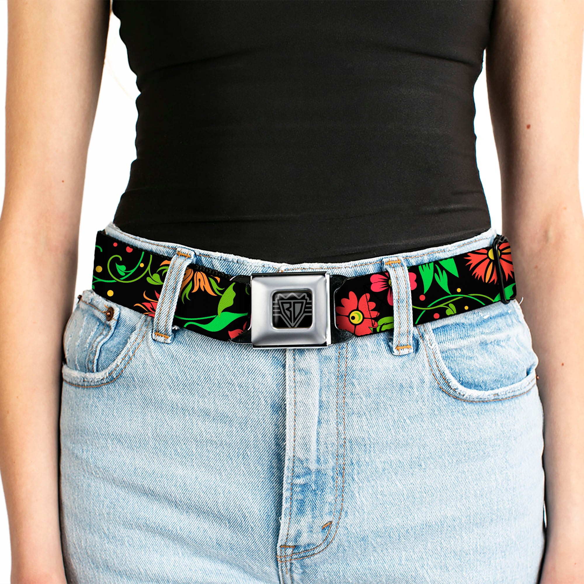BD Wings Logo CLOSE-UP Full Color Black Silver Seatbelt Belt - Floral Collage2 Black/Red/Orange/Green Webbing Seatbelt Belts Buckle-Down