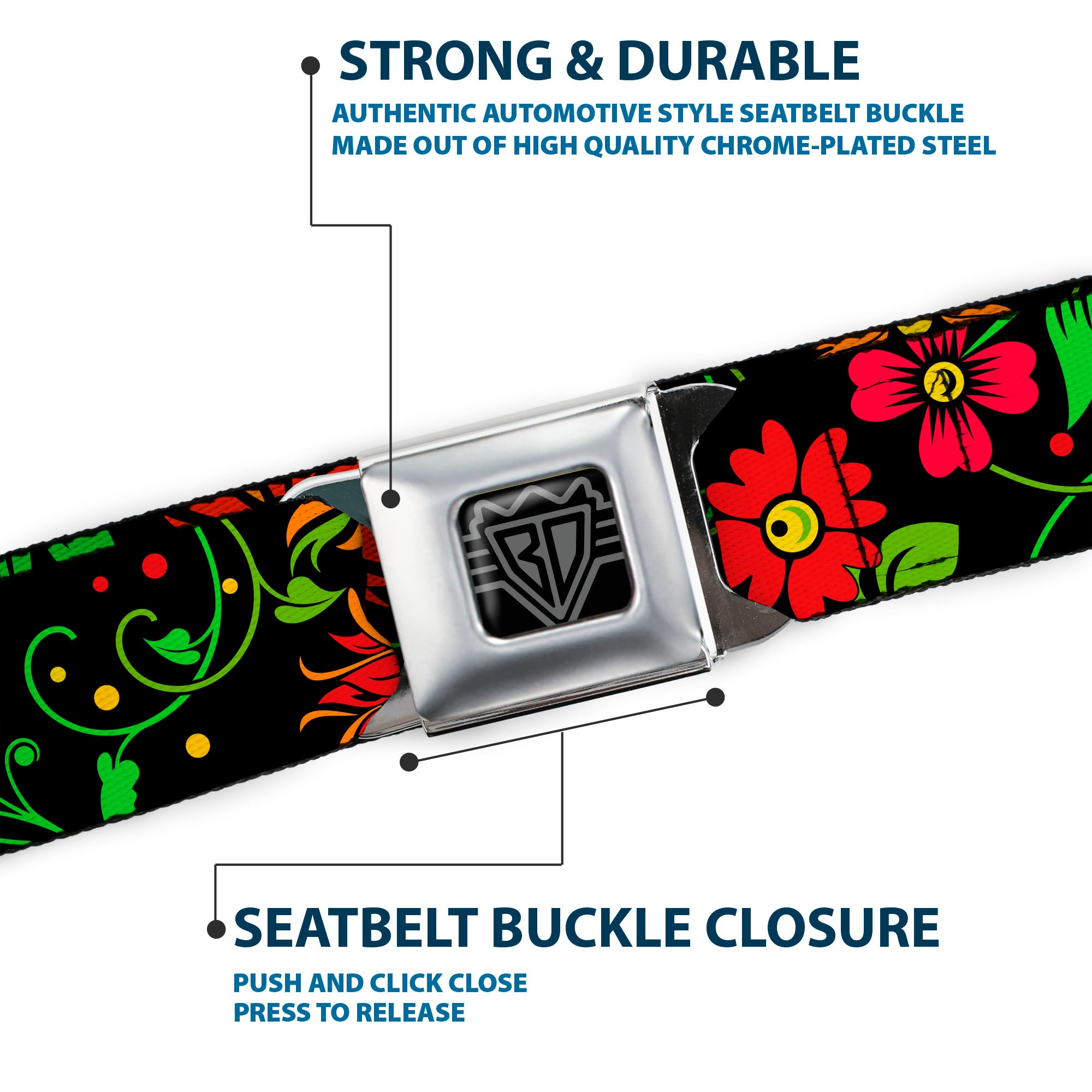 BD Wings Logo CLOSE-UP Full Color Black Silver Seatbelt Belt - Floral Collage2 Black/Red/Orange/Green Webbing Seatbelt Belts Buckle-Down