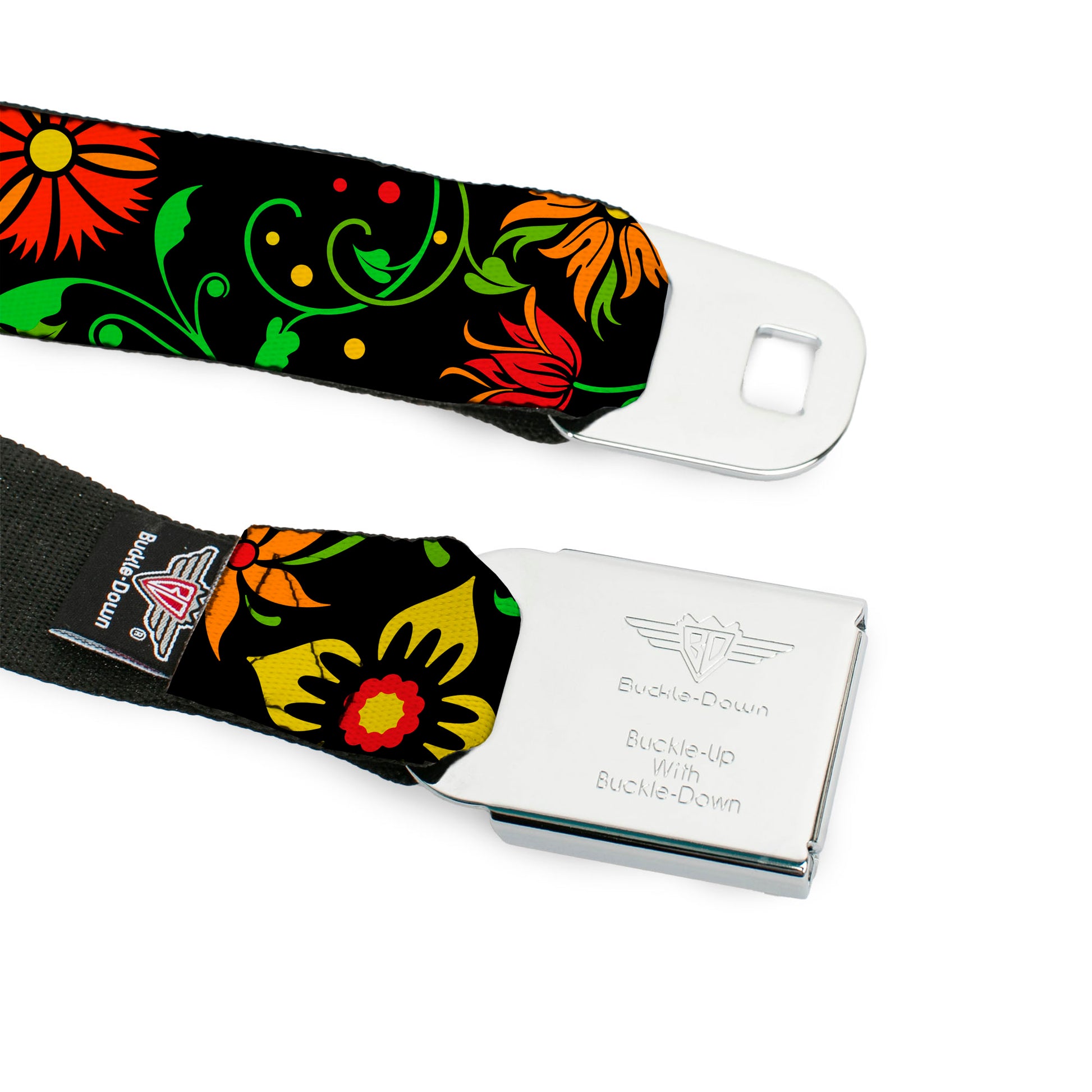 BD Wings Logo CLOSE-UP Full Color Black Silver Seatbelt Belt - Floral Collage2 Black/Red/Orange/Green Webbing Seatbelt Belts Buckle-Down