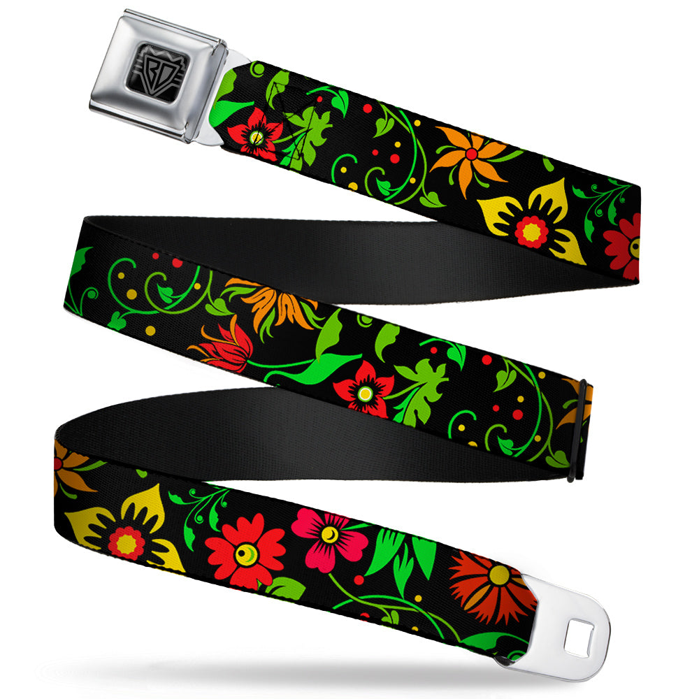 BD Wings Logo CLOSE-UP Full Color Black Silver Seatbelt Belt - Floral Collage2 Black/Red/Orange/Green Webbing Seatbelt Belts Buckle-Down