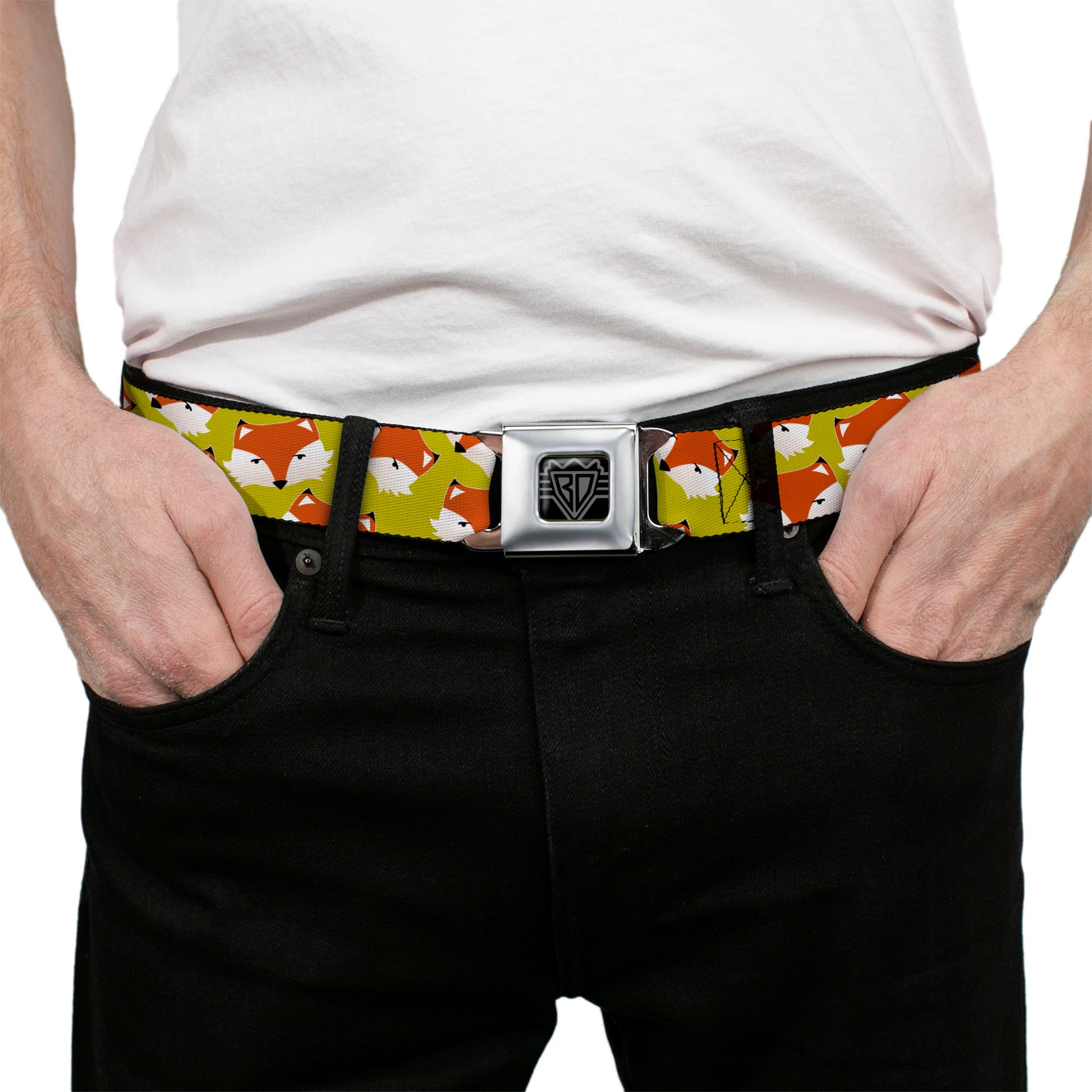 BD Wings Logo CLOSE-UP Full Color Black Silver Seatbelt Belt - Fox Face Scattered Warm Olive Webbing Seatbelt Belts Buckle-Down