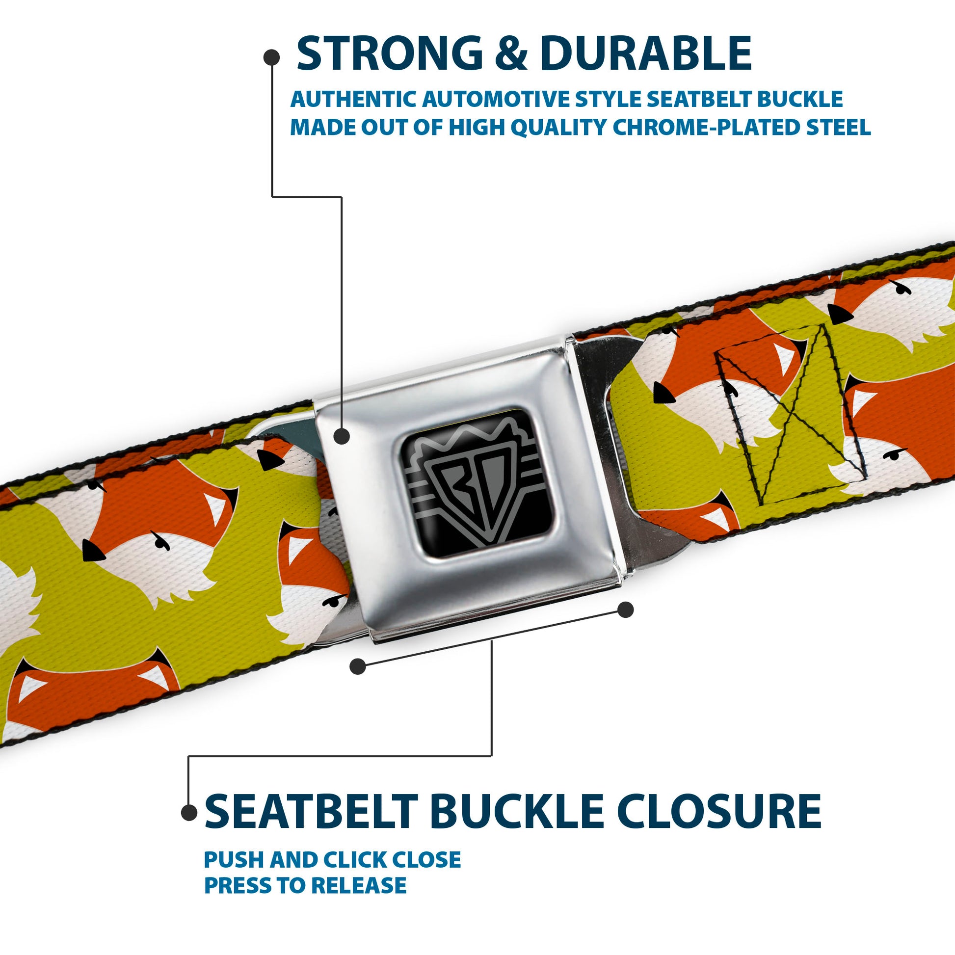 BD Wings Logo CLOSE-UP Full Color Black Silver Seatbelt Belt - Fox Face Scattered Warm Olive Webbing Seatbelt Belts Buckle-Down