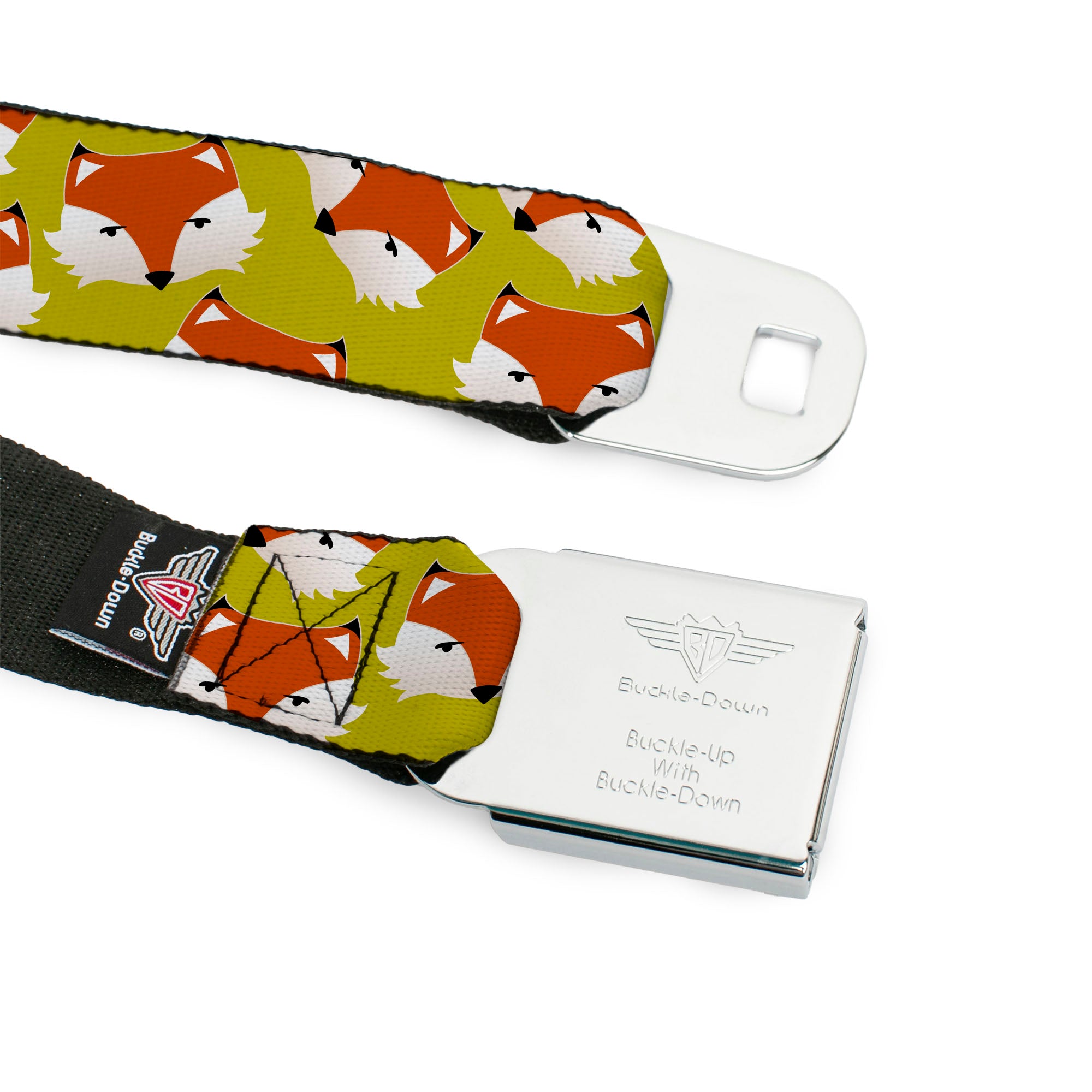 BD Wings Logo CLOSE-UP Full Color Black Silver Seatbelt Belt - Fox Face Scattered Warm Olive Webbing Seatbelt Belts Buckle-Down