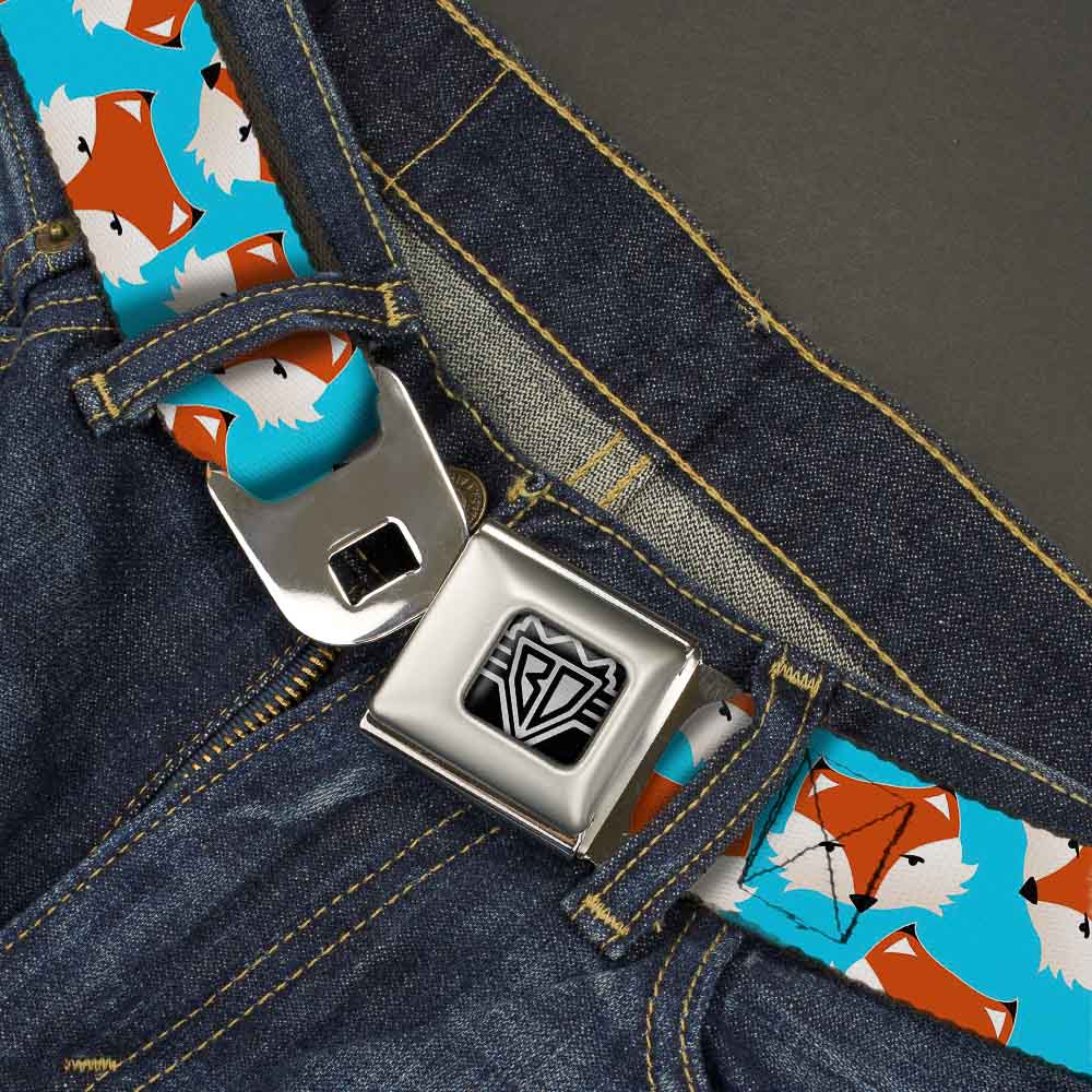 BD Wings Logo CLOSE-UP Full Color Black Silver Seatbelt Belt - Fox Face Scattered Sky Blue Webbing Seatbelt Belts Buckle-Down