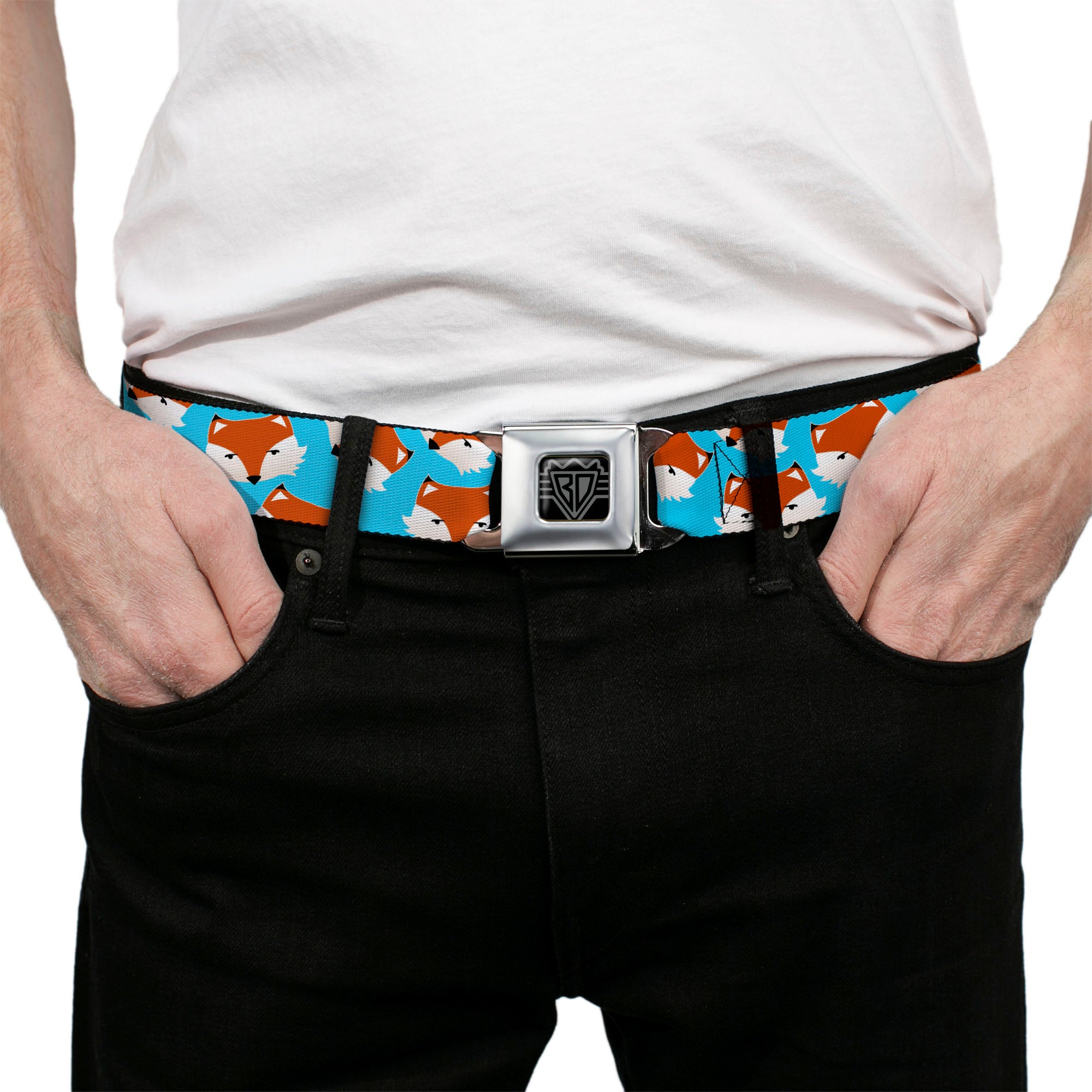 BD Wings Logo CLOSE-UP Full Color Black Silver Seatbelt Belt - Fox Face Scattered Sky Blue Webbing Seatbelt Belts Buckle-Down