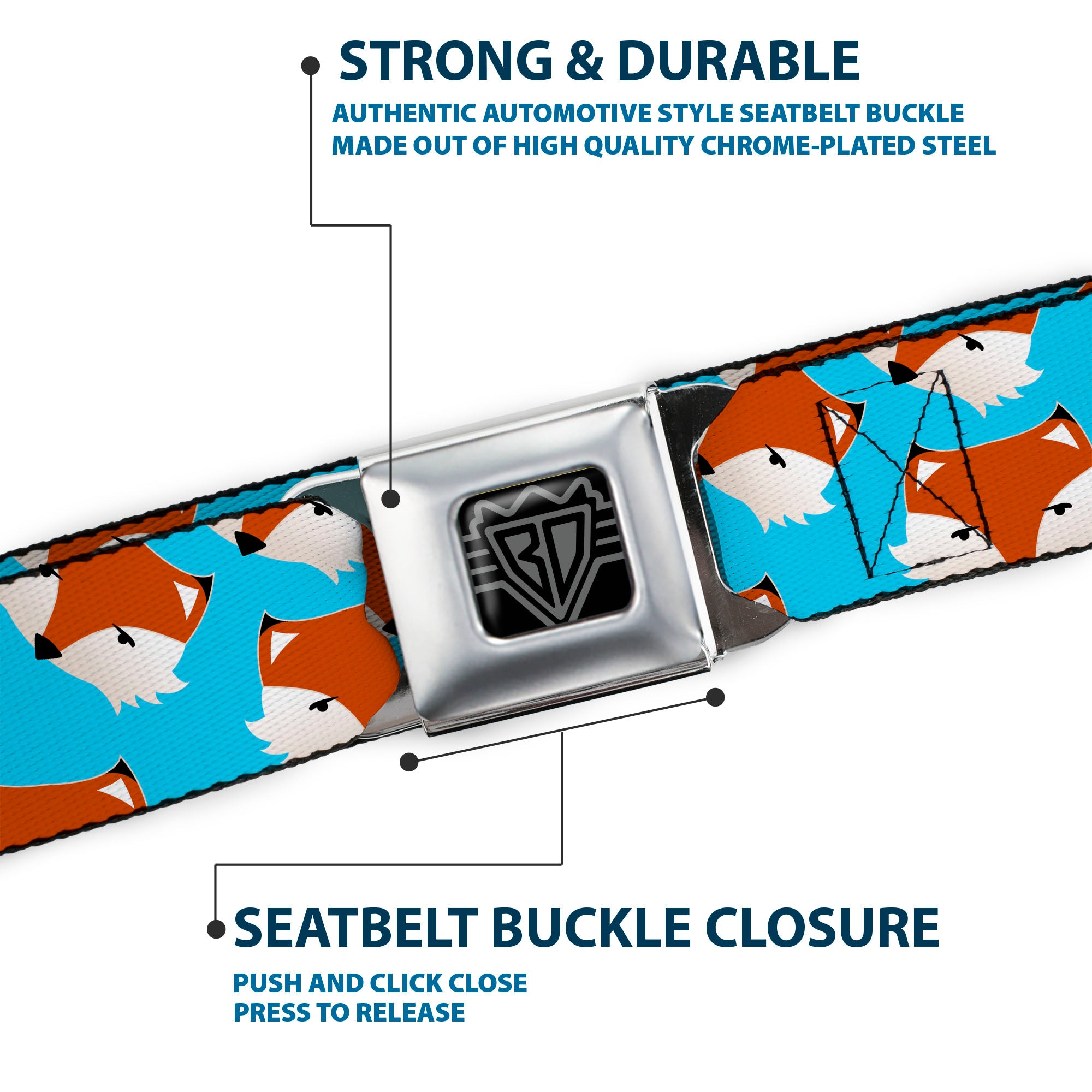 BD Wings Logo CLOSE-UP Full Color Black Silver Seatbelt Belt - Fox Face Scattered Sky Blue Webbing Seatbelt Belts Buckle-Down