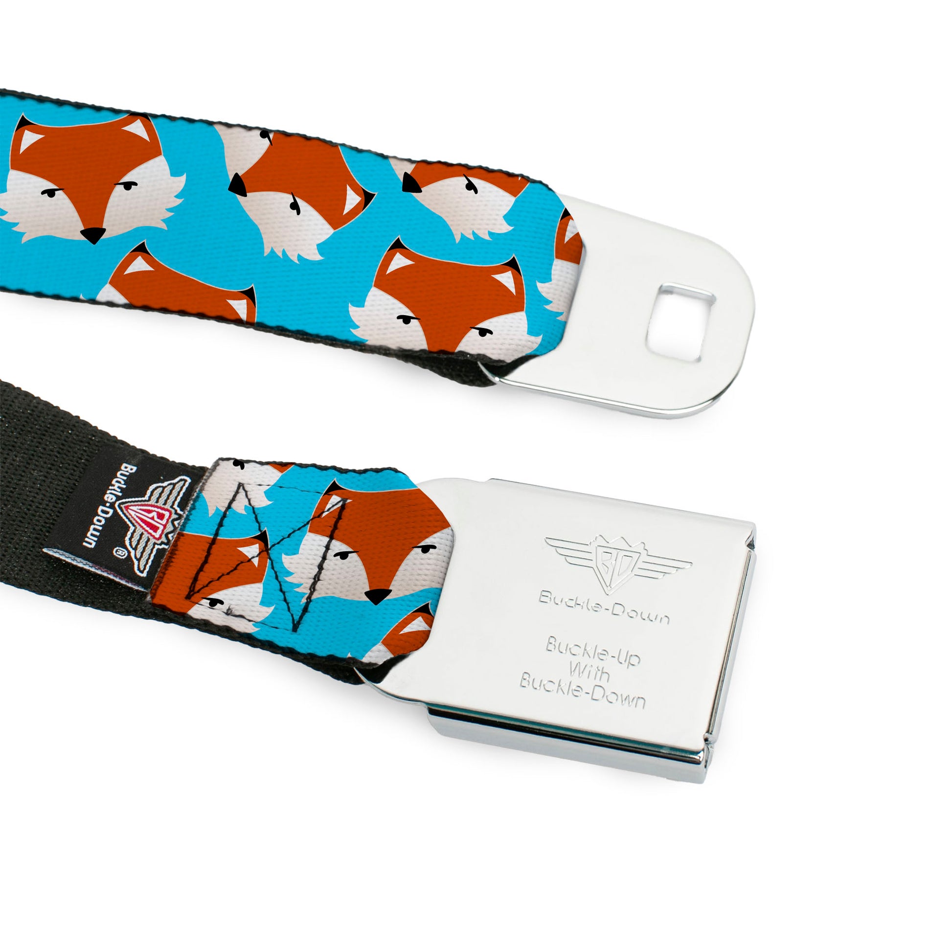 BD Wings Logo CLOSE-UP Full Color Black Silver Seatbelt Belt - Fox Face Scattered Sky Blue Webbing Seatbelt Belts Buckle-Down