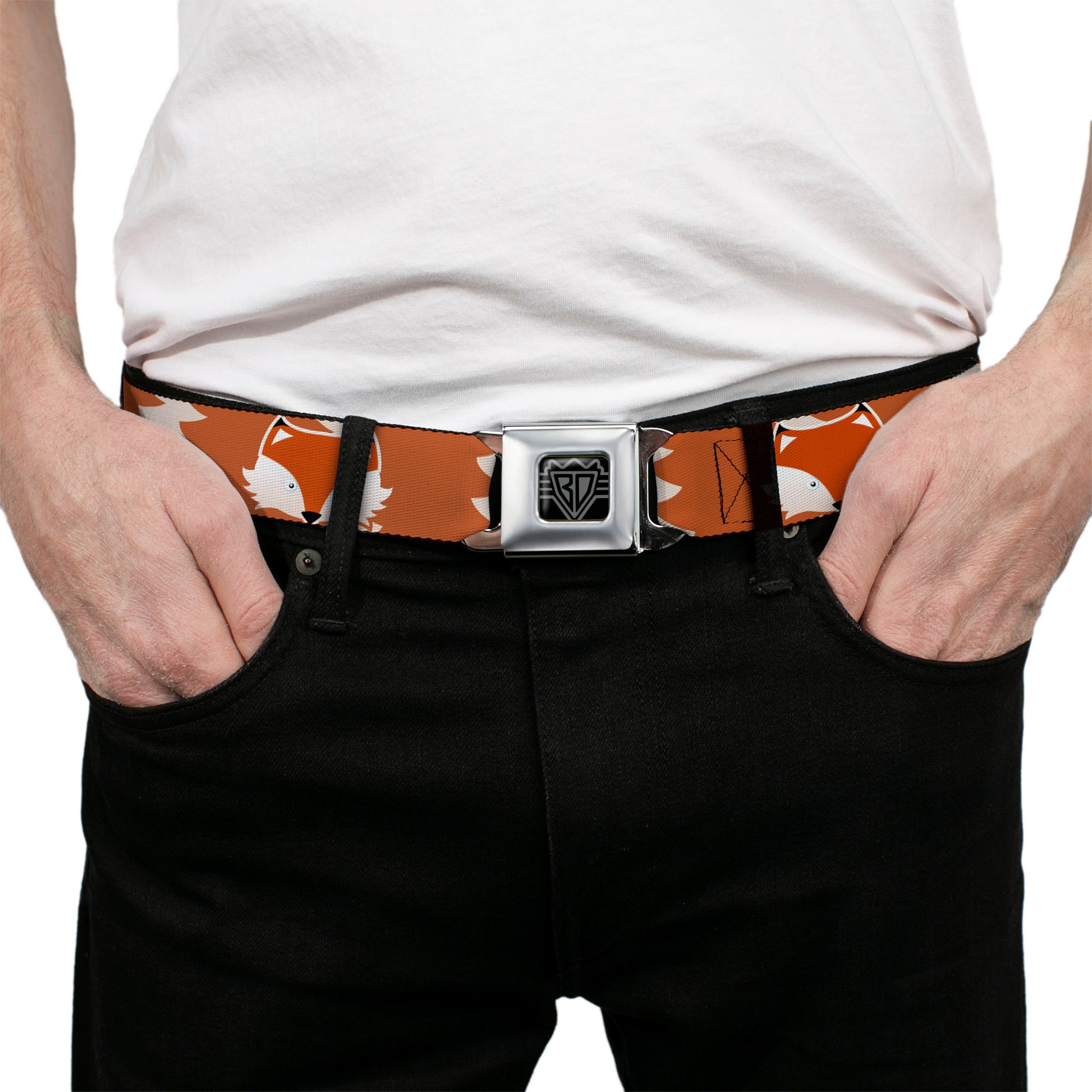 BD Wings Logo CLOSE-UP Full Color Black Silver Seatbelt Belt - Fox Face/Tail Orange/Natural Webbing Seatbelt Belts Buckle-Down