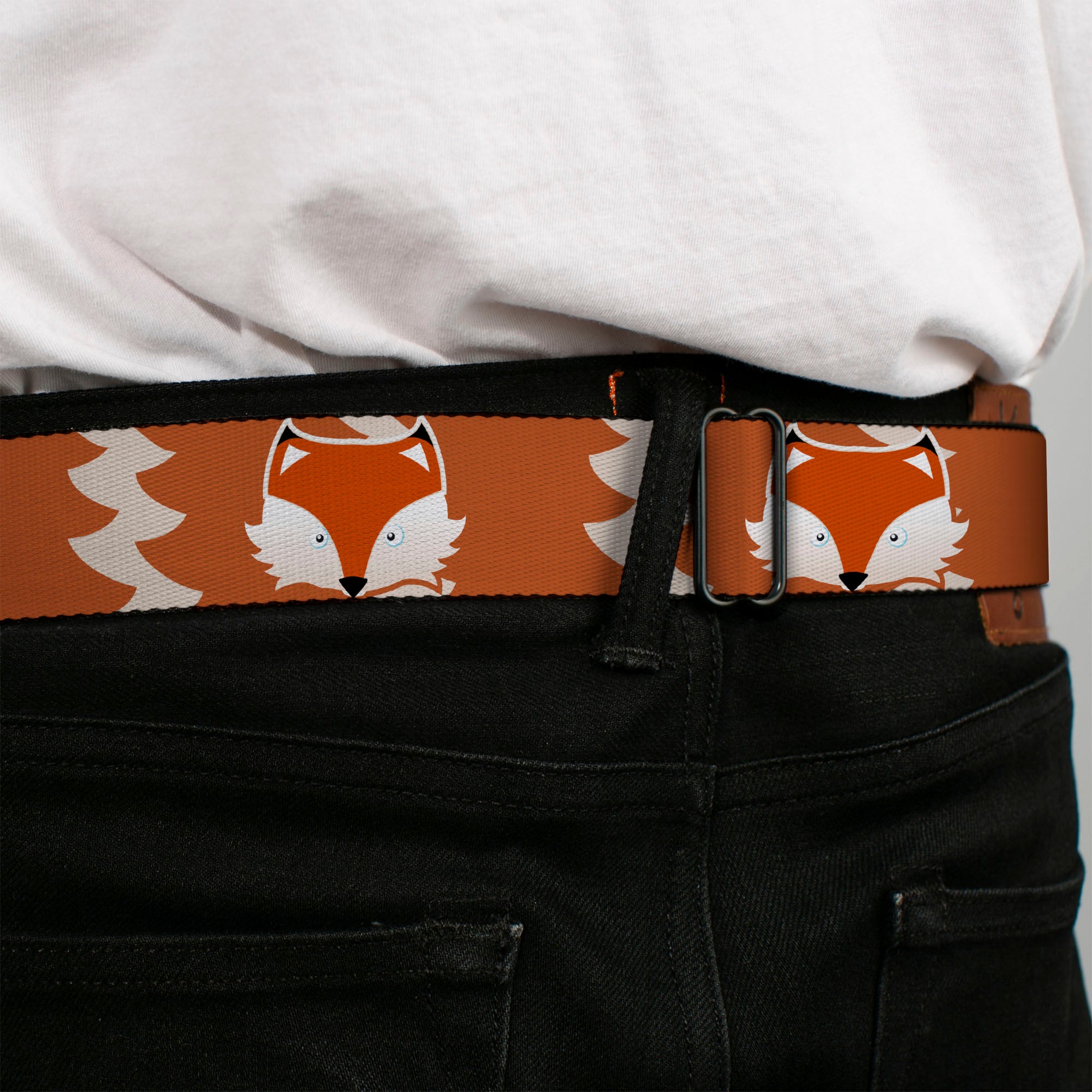BD Wings Logo CLOSE-UP Full Color Black Silver Seatbelt Belt - Fox Face/Tail Orange/Natural Webbing Seatbelt Belts Buckle-Down