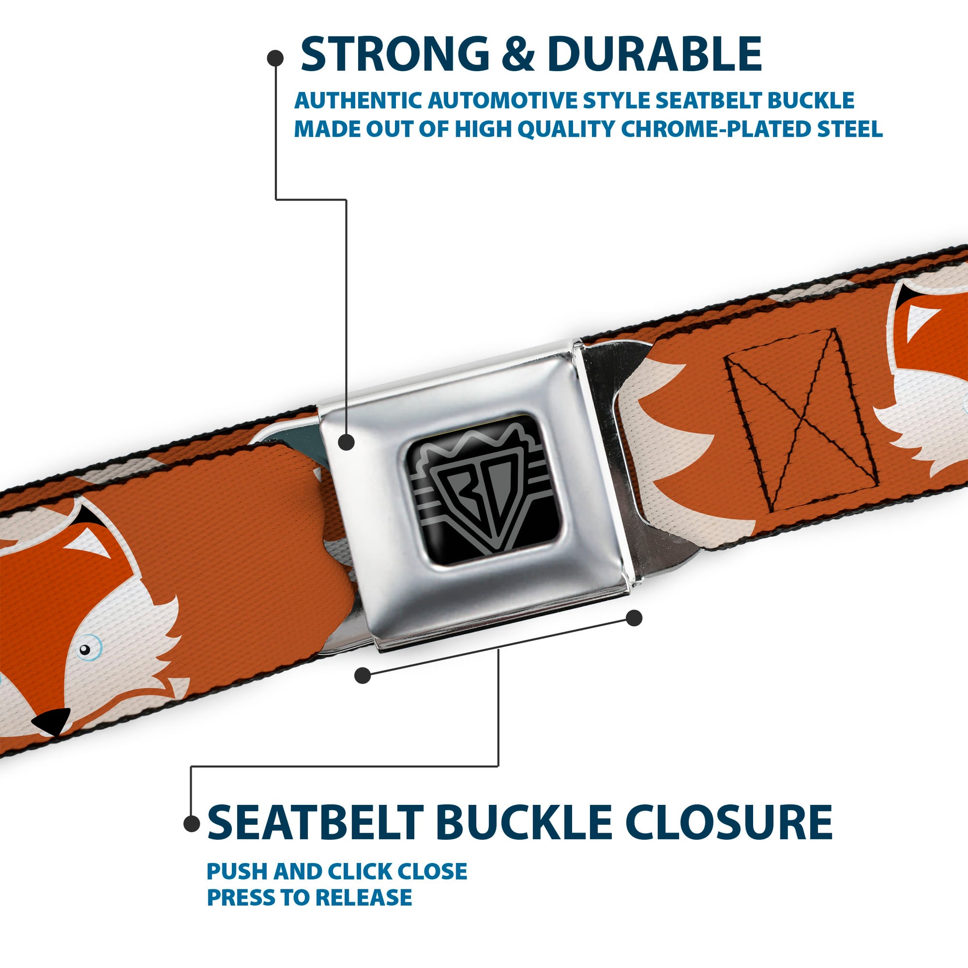 BD Wings Logo CLOSE-UP Full Color Black Silver Seatbelt Belt - Fox Face/Tail Orange/Natural Webbing Seatbelt Belts Buckle-Down