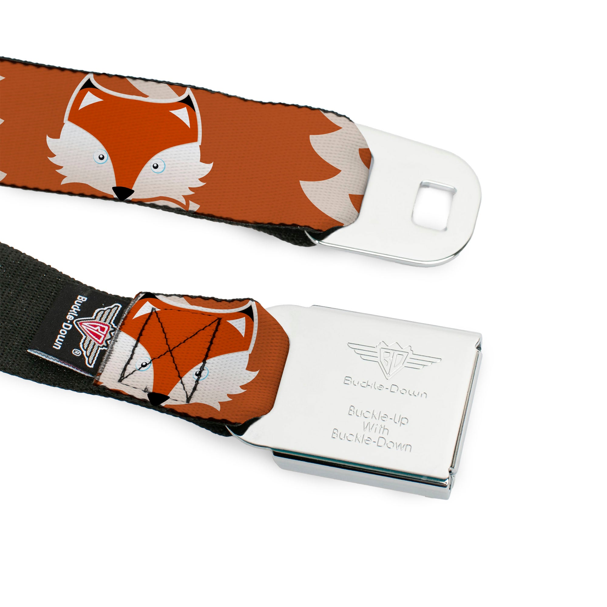 BD Wings Logo CLOSE-UP Full Color Black Silver Seatbelt Belt - Fox Face/Tail Orange/Natural Webbing Seatbelt Belts Buckle-Down