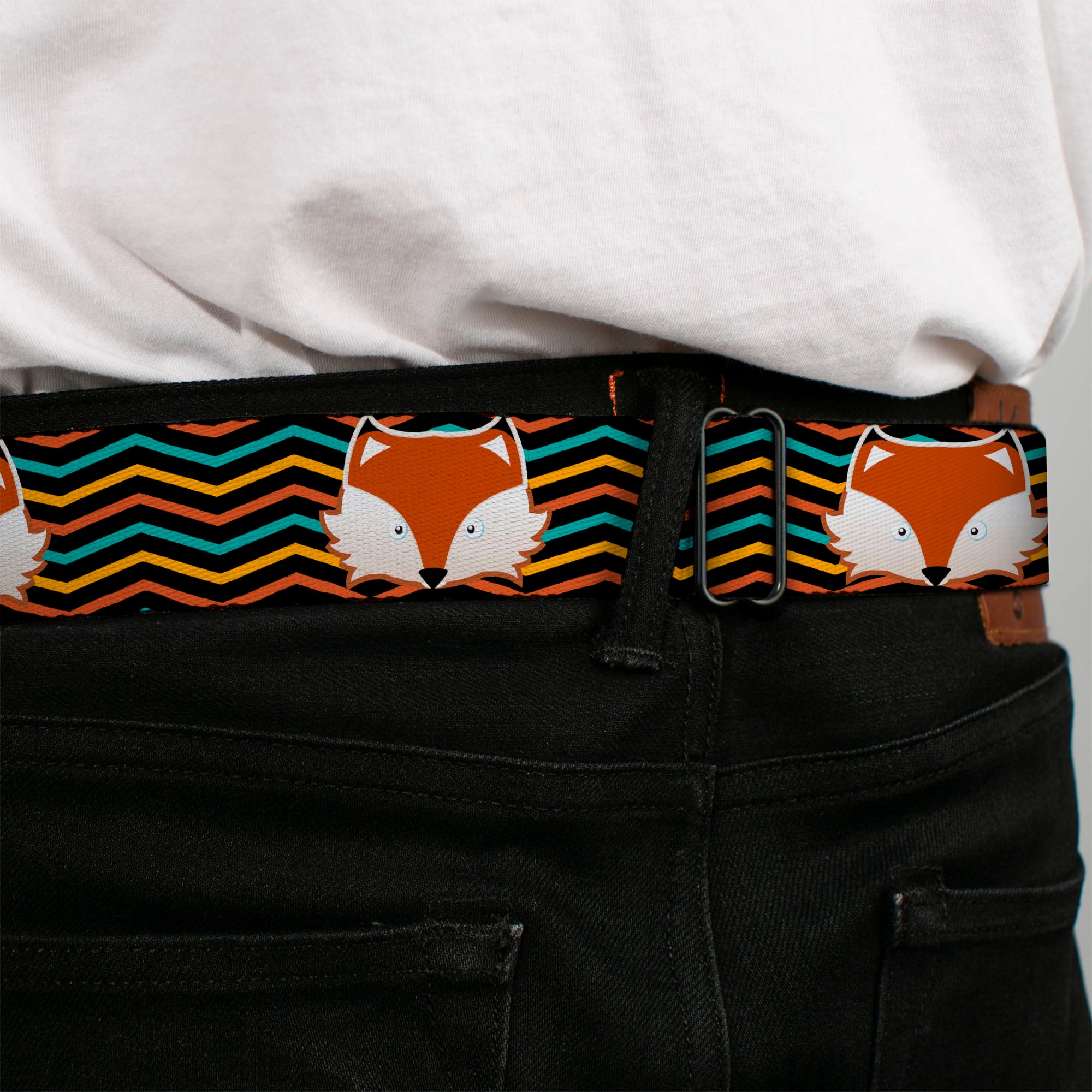 BD Wings Logo CLOSE-UP Full Color Black Silver Seatbelt Belt - Fox Face/Stripes Black/Multi Color Webbing Seatbelt Belts Buckle-Down