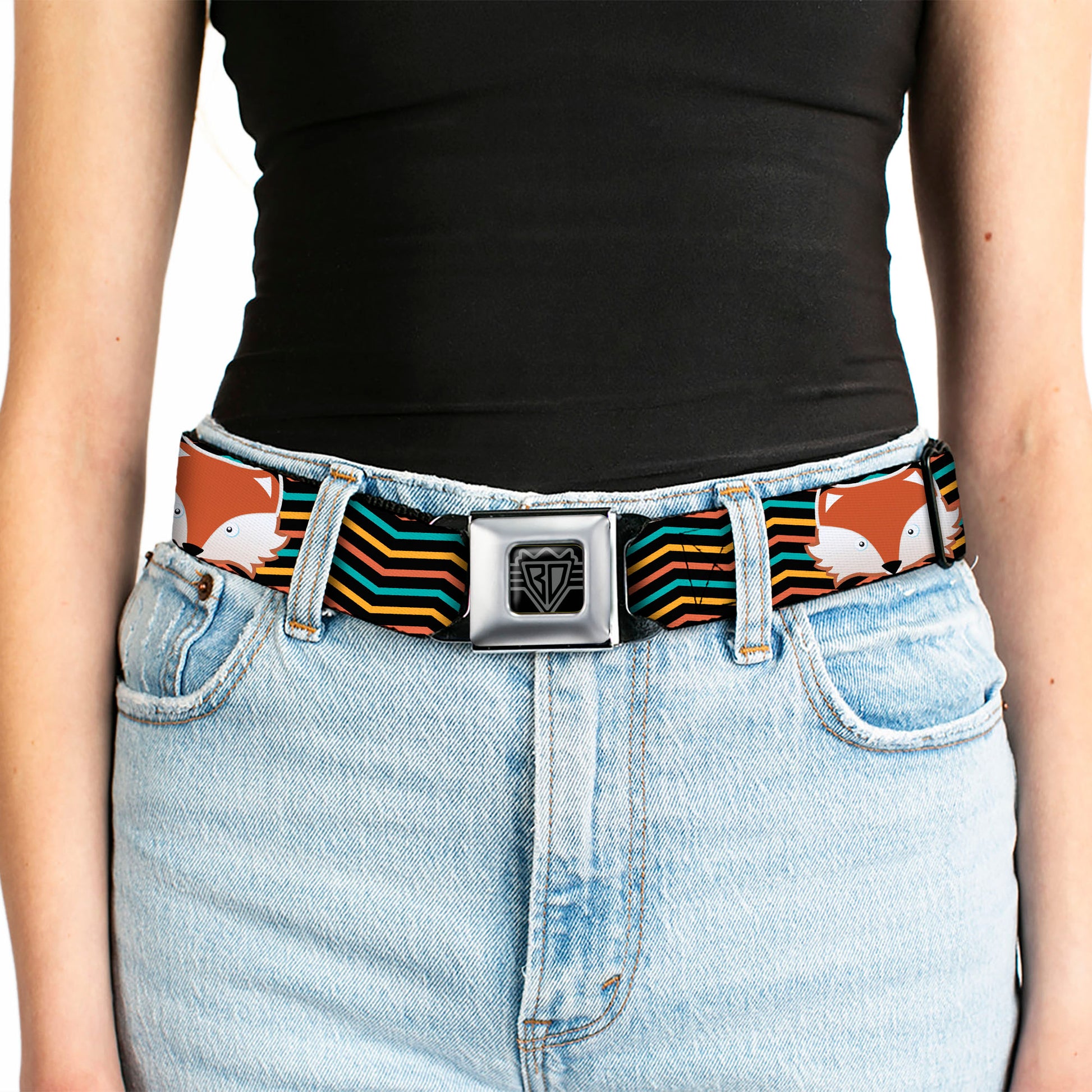 BD Wings Logo CLOSE-UP Full Color Black Silver Seatbelt Belt - Fox Face/Stripes Black/Multi Color Webbing Seatbelt Belts Buckle-Down