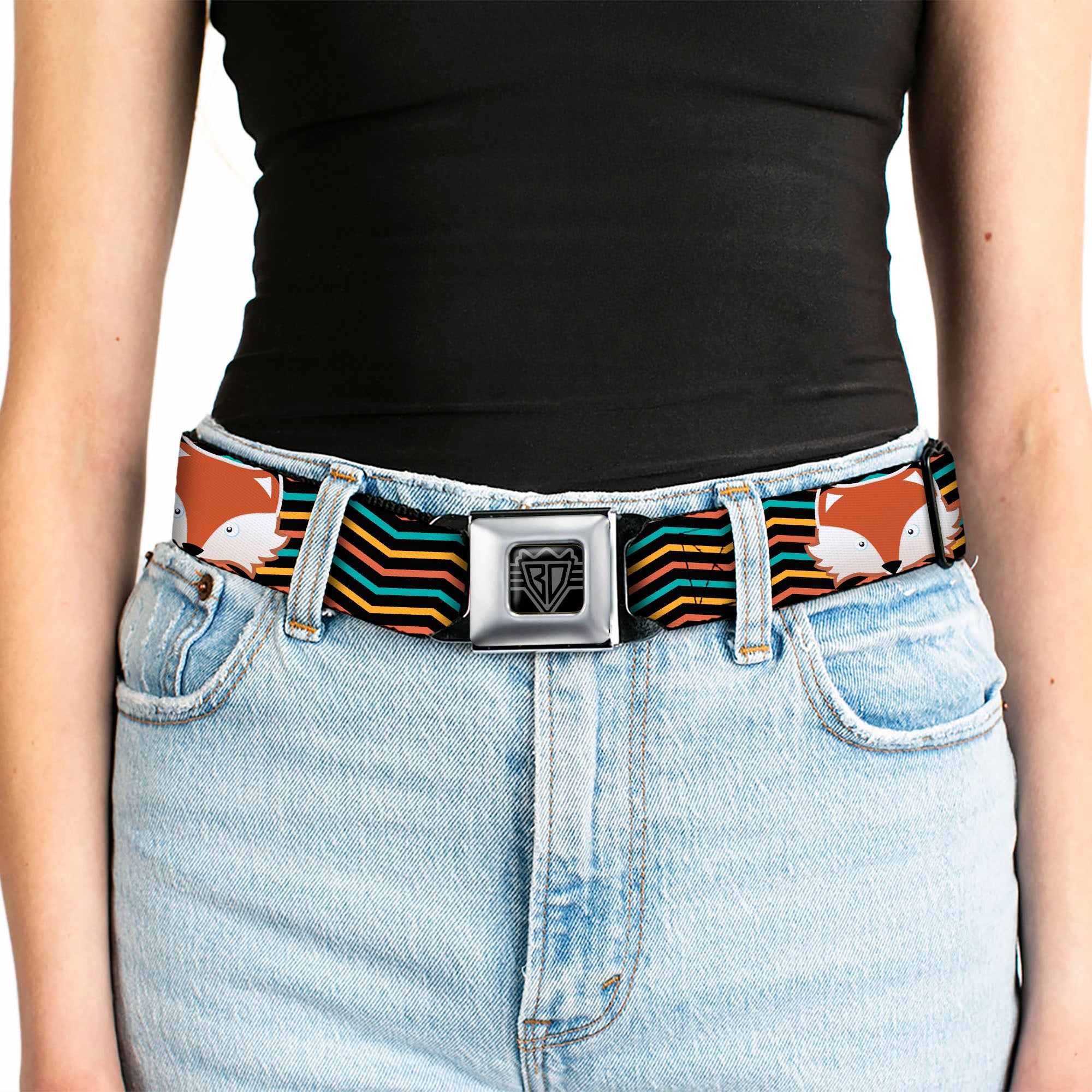 BD Wings Logo CLOSE-UP Full Color Black Silver Seatbelt Belt - Fox Face/Stripes Black/Multi Color Webbing Seatbelt Belts Buckle-Down