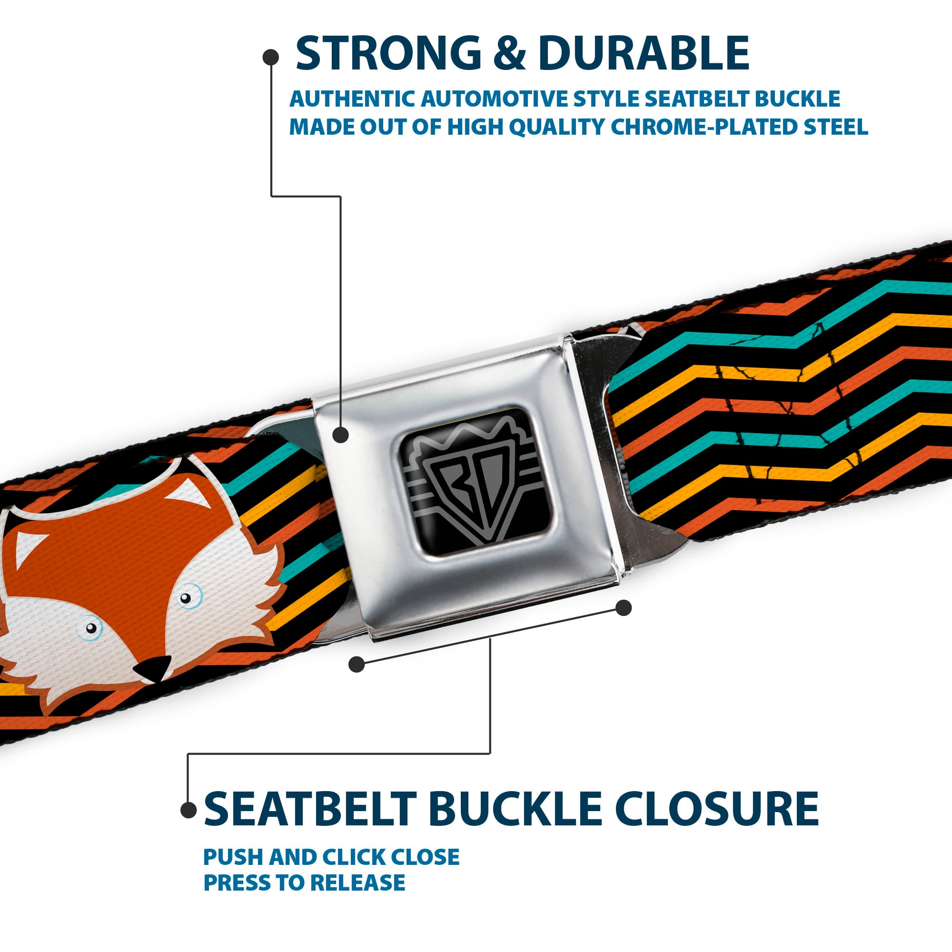 BD Wings Logo CLOSE-UP Full Color Black Silver Seatbelt Belt - Fox Face/Stripes Black/Multi Color Webbing Seatbelt Belts Buckle-Down