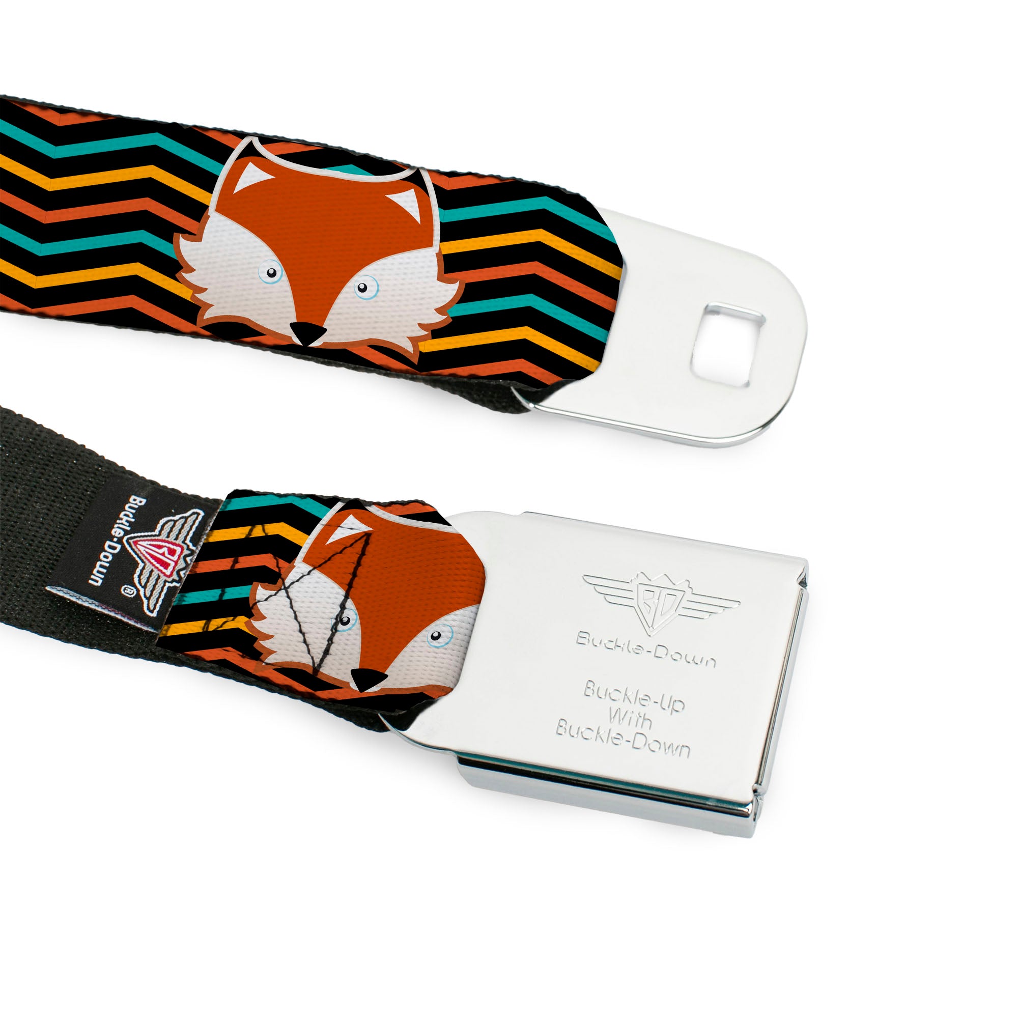BD Wings Logo CLOSE-UP Full Color Black Silver Seatbelt Belt - Fox Face/Stripes Black/Multi Color Webbing Seatbelt Belts Buckle-Down