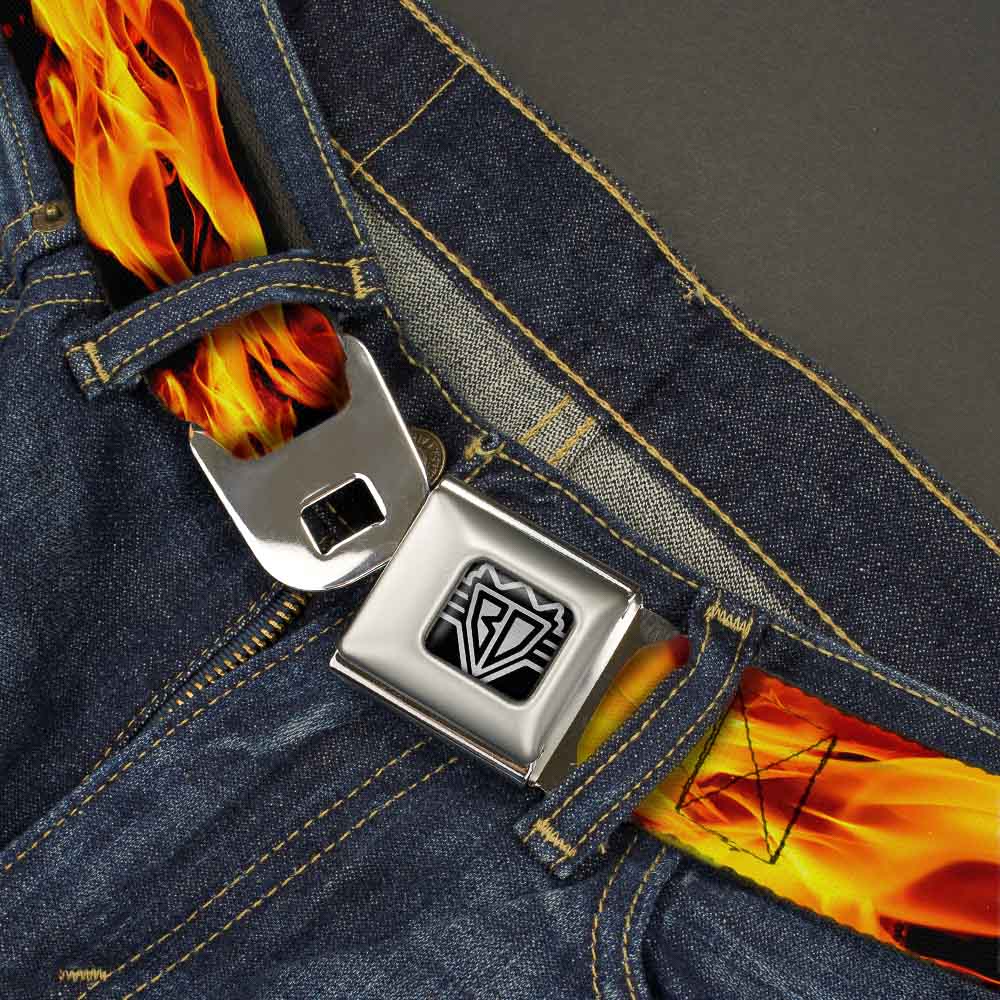 BD Wings Logo CLOSE-UP Full Color Black Silver Seatbelt Belt - Flames Vivid Black/Orange Webbing Seatbelt Belts Buckle-Down