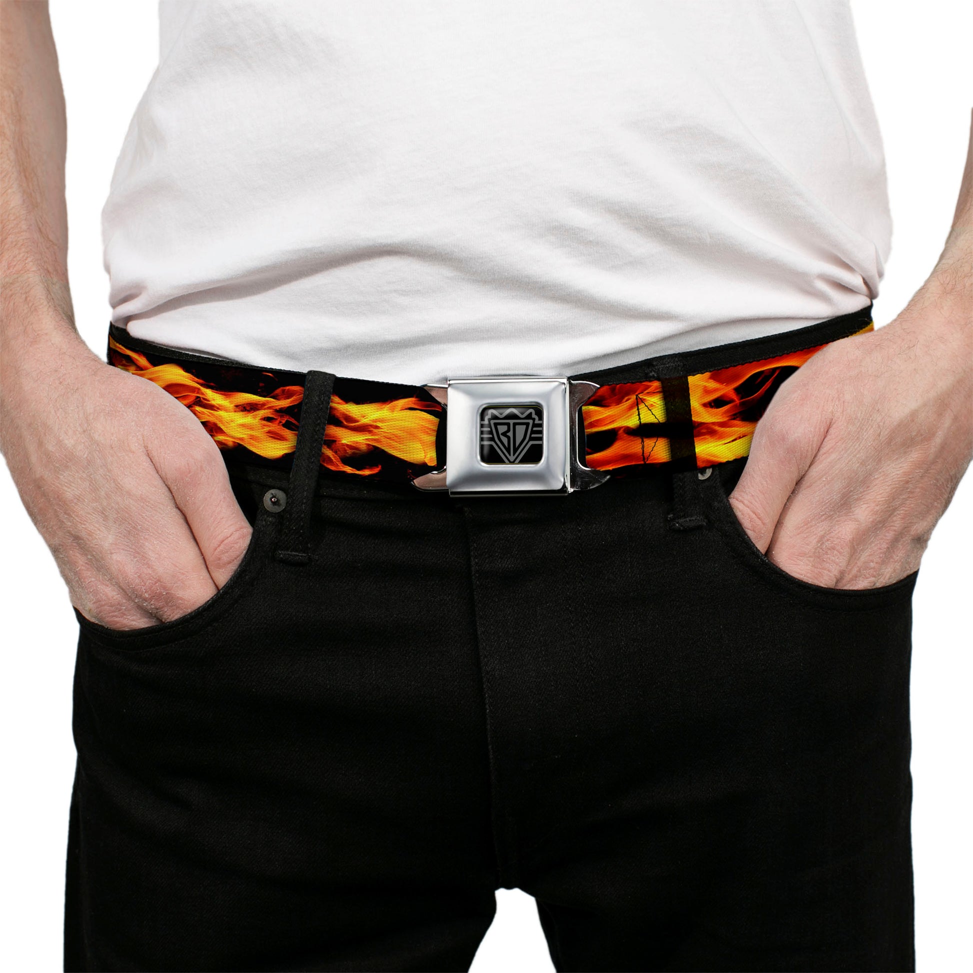BD Wings Logo CLOSE-UP Full Color Black Silver Seatbelt Belt - Flames Vivid Black/Orange Webbing Seatbelt Belts Buckle-Down