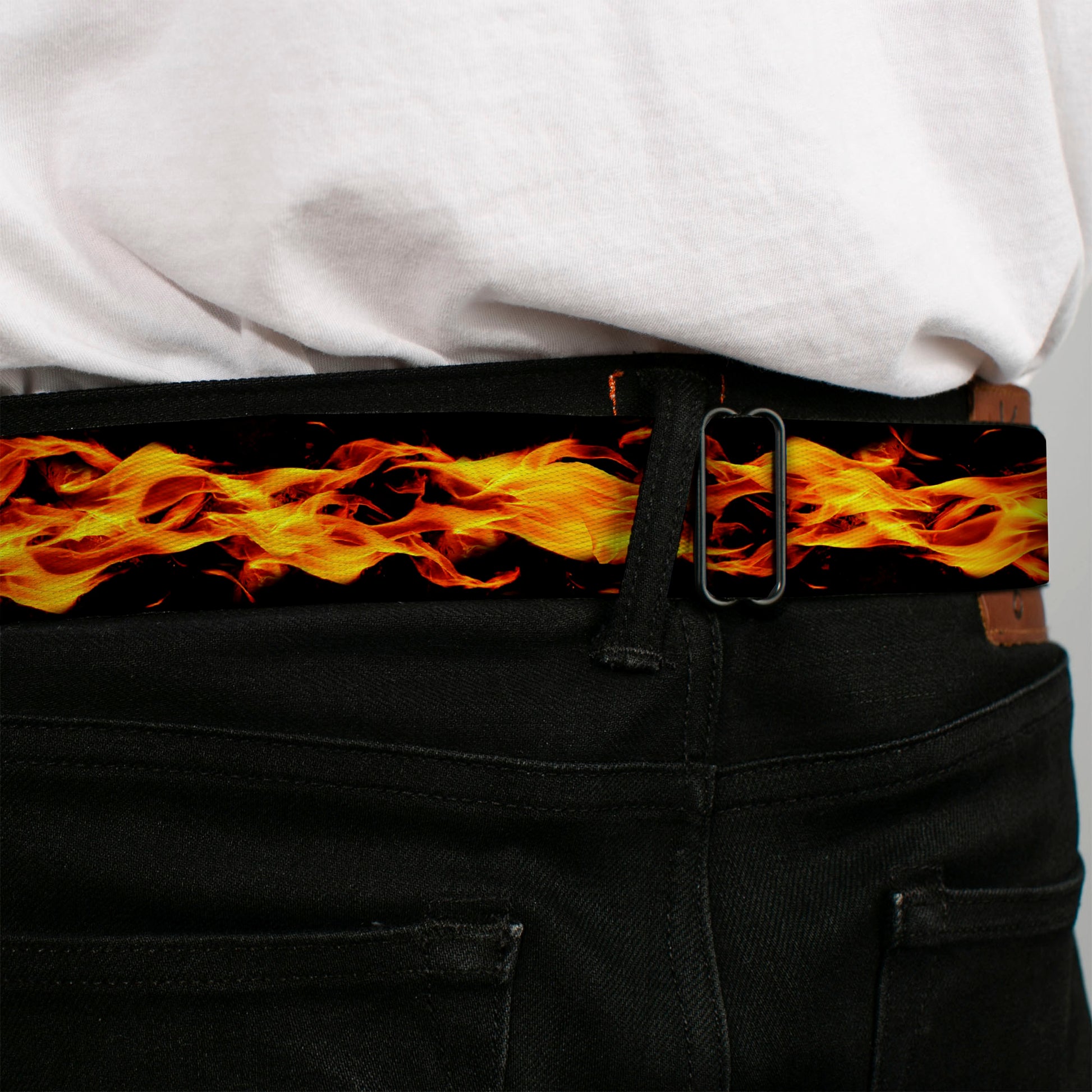 BD Wings Logo CLOSE-UP Full Color Black Silver Seatbelt Belt - Flames Vivid Black/Orange Webbing Seatbelt Belts Buckle-Down