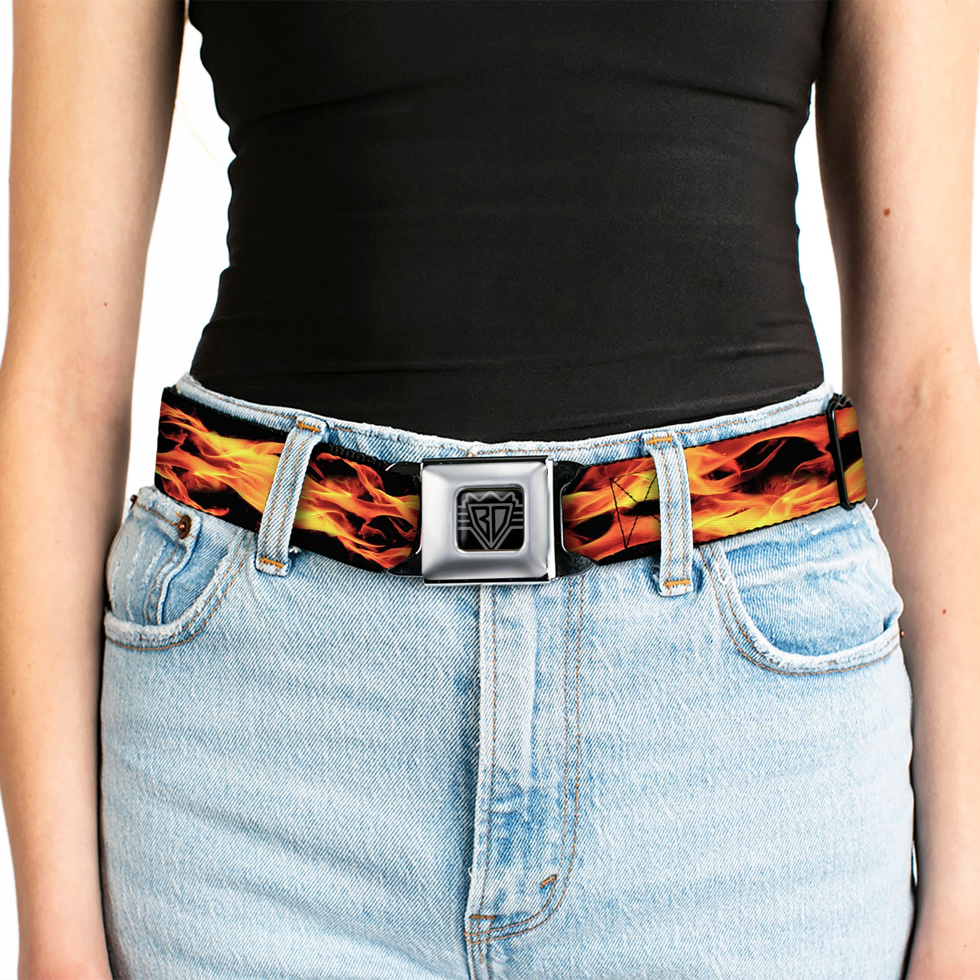 BD Wings Logo CLOSE-UP Full Color Black Silver Seatbelt Belt - Flames Vivid Black/Orange Webbing Seatbelt Belts Buckle-Down