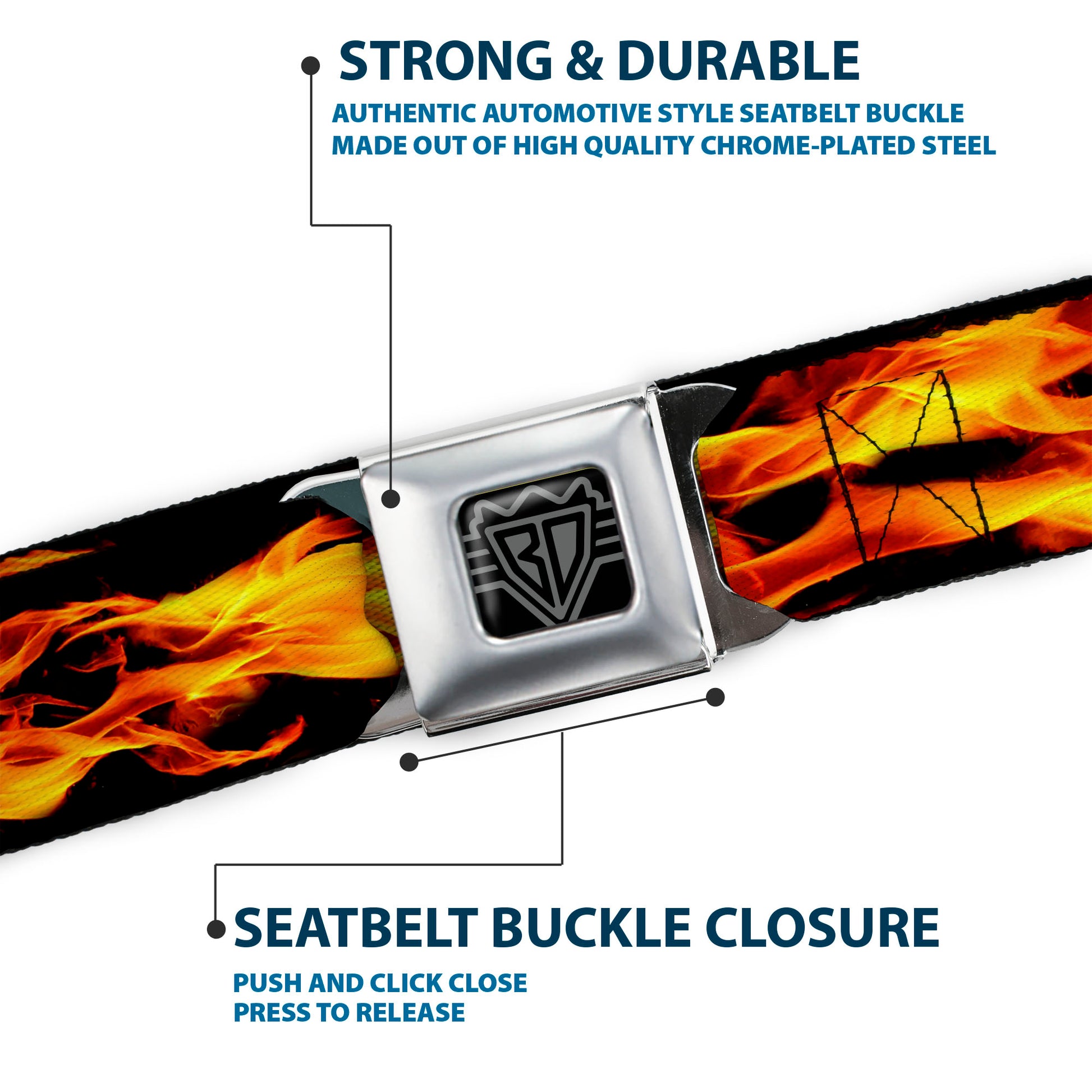 BD Wings Logo CLOSE-UP Full Color Black Silver Seatbelt Belt - Flames Vivid Black/Orange Webbing Seatbelt Belts Buckle-Down