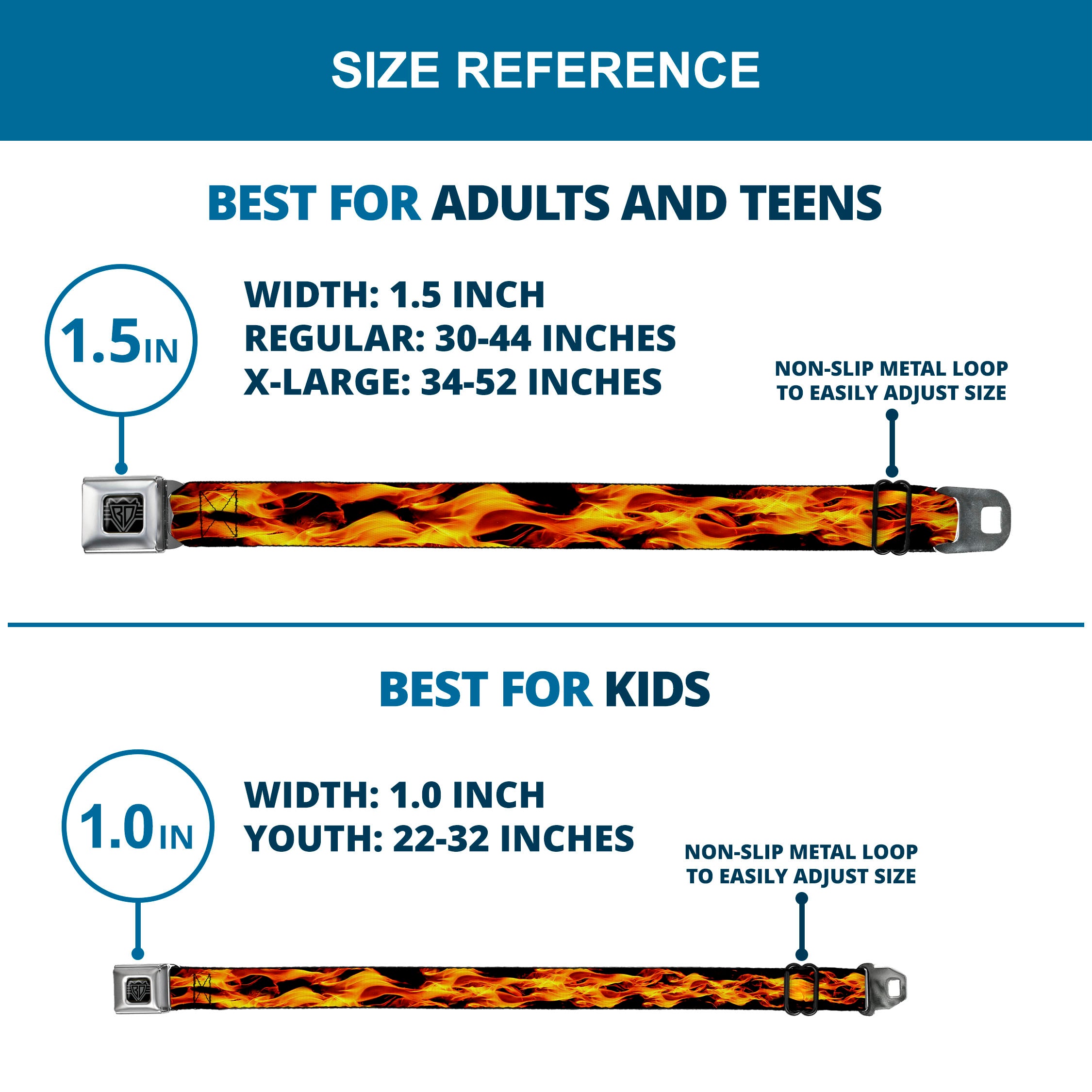 BD Wings Logo CLOSE-UP Full Color Black Silver Seatbelt Belt - Flames Vivid Black/Orange Webbing Seatbelt Belts Buckle-Down