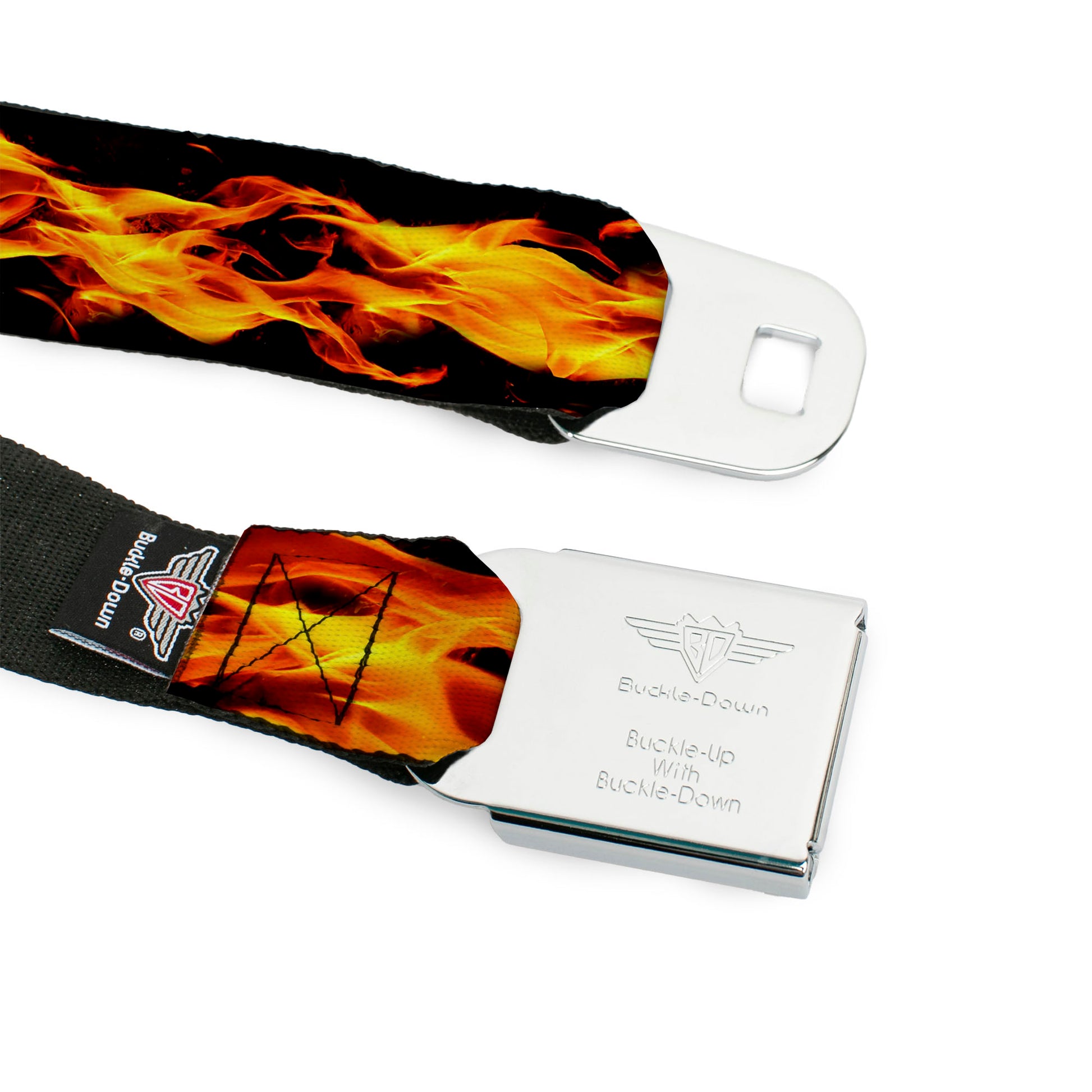 BD Wings Logo CLOSE-UP Full Color Black Silver Seatbelt Belt - Flames Vivid Black/Orange Webbing Seatbelt Belts Buckle-Down