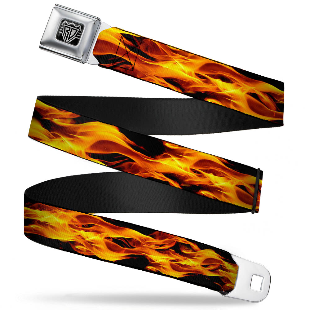 BD Wings Logo CLOSE-UP Full Color Black Silver Seatbelt Belt - Flames Vivid Black/Orange Webbing Seatbelt Belts Buckle-Down