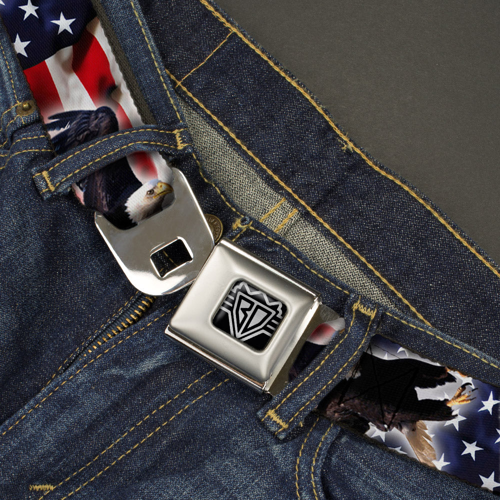 BD Wings Logo CLOSE-UP Full Color Black Silver Seatbelt Belt - Flying Eagle/American Flag Webbing Seatbelt Belts Buckle-Down