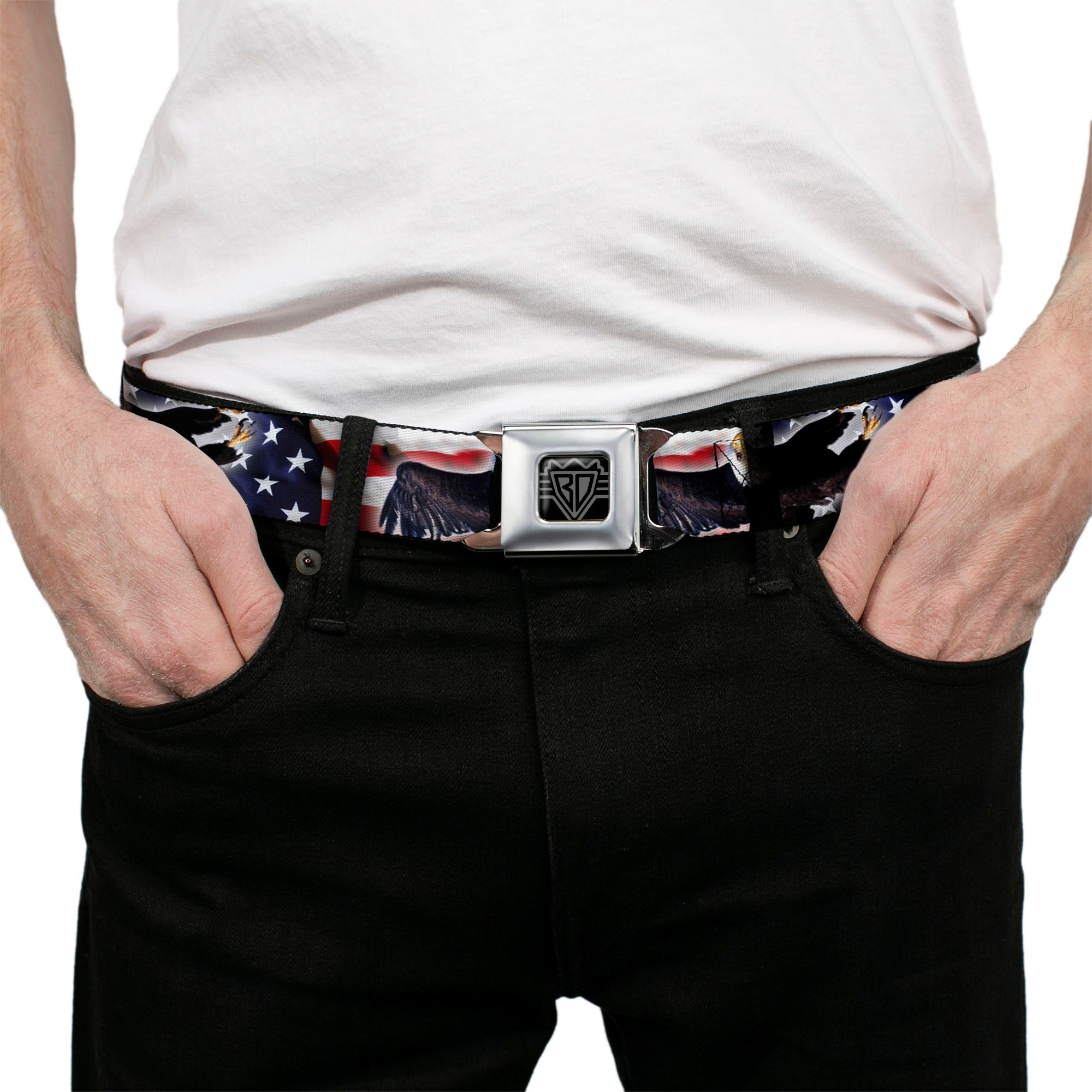 BD Wings Logo CLOSE-UP Full Color Black Silver Seatbelt Belt - Flying Eagle/American Flag Webbing Seatbelt Belts Buckle-Down
