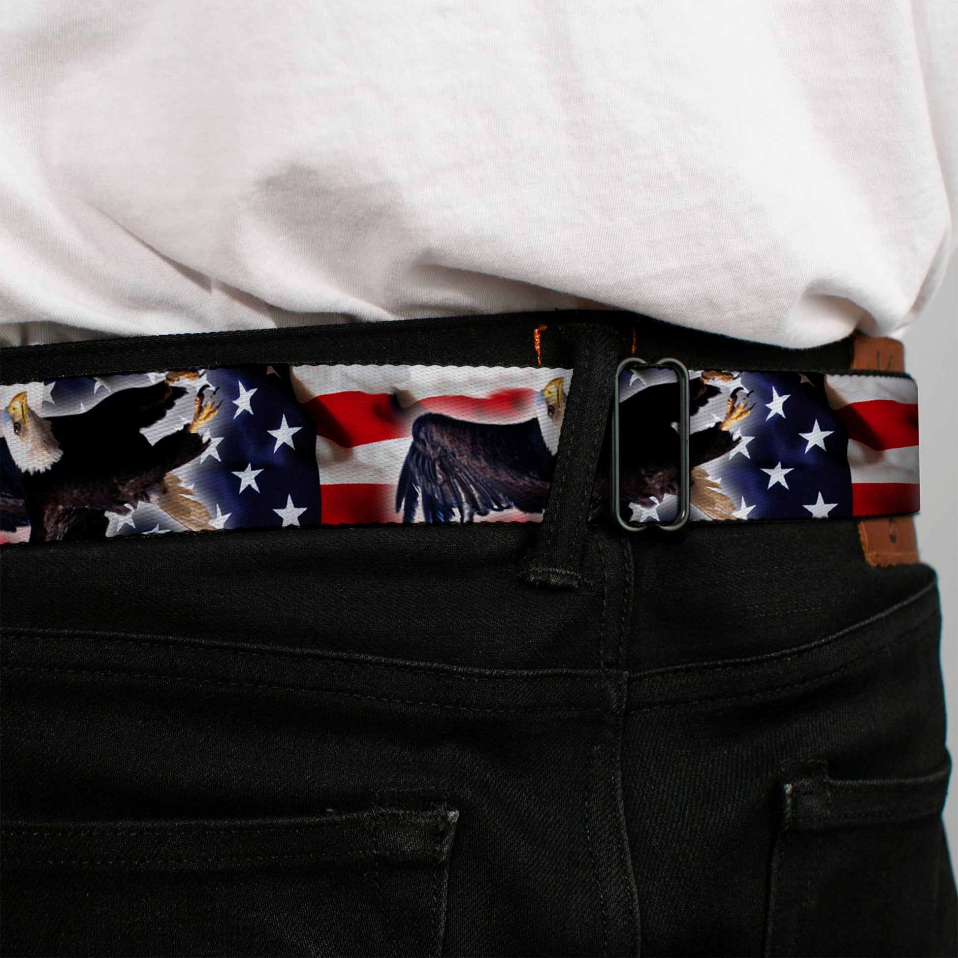 BD Wings Logo CLOSE-UP Full Color Black Silver Seatbelt Belt - Flying Eagle/American Flag Webbing Seatbelt Belts Buckle-Down