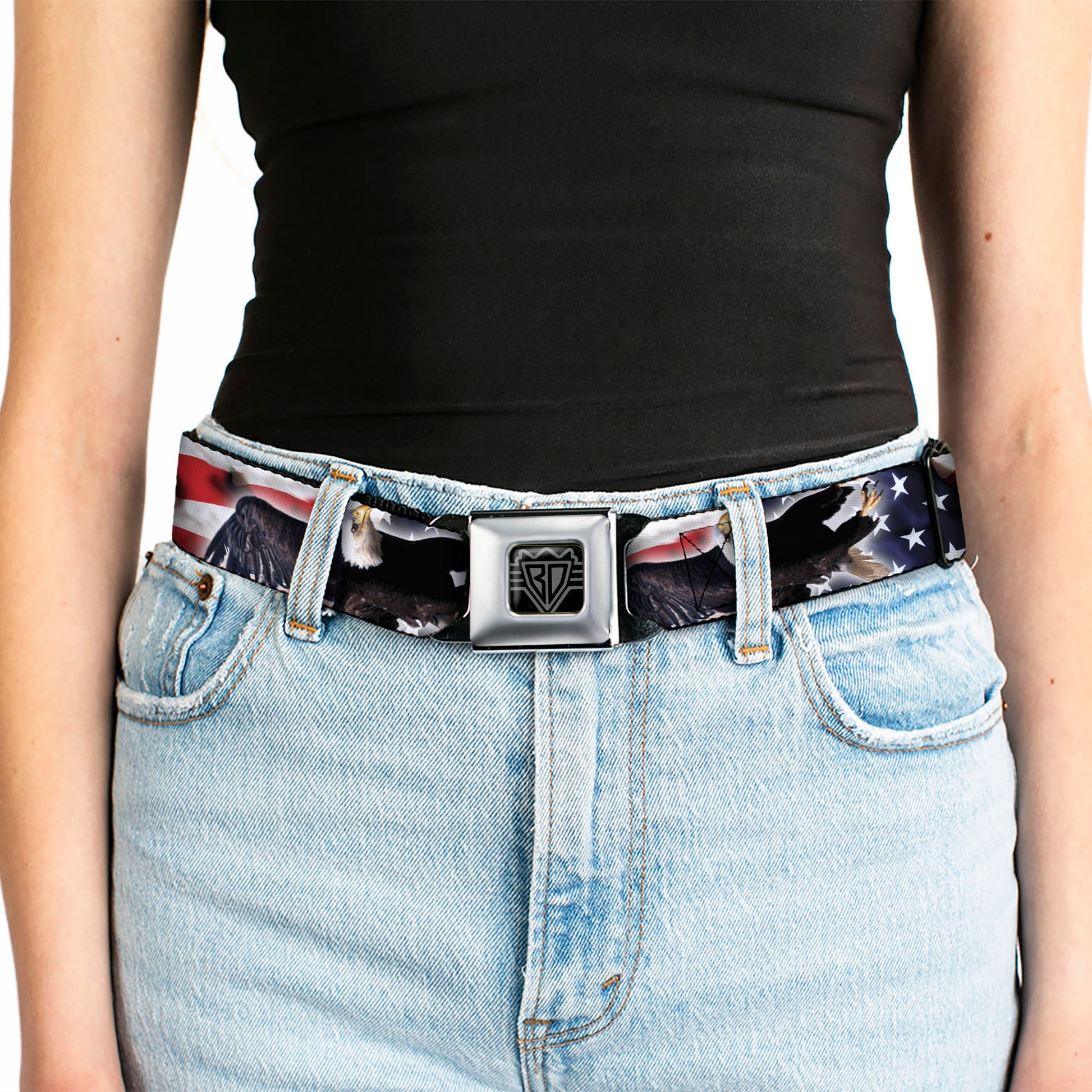 BD Wings Logo CLOSE-UP Full Color Black Silver Seatbelt Belt - Flying Eagle/American Flag Webbing Seatbelt Belts Buckle-Down