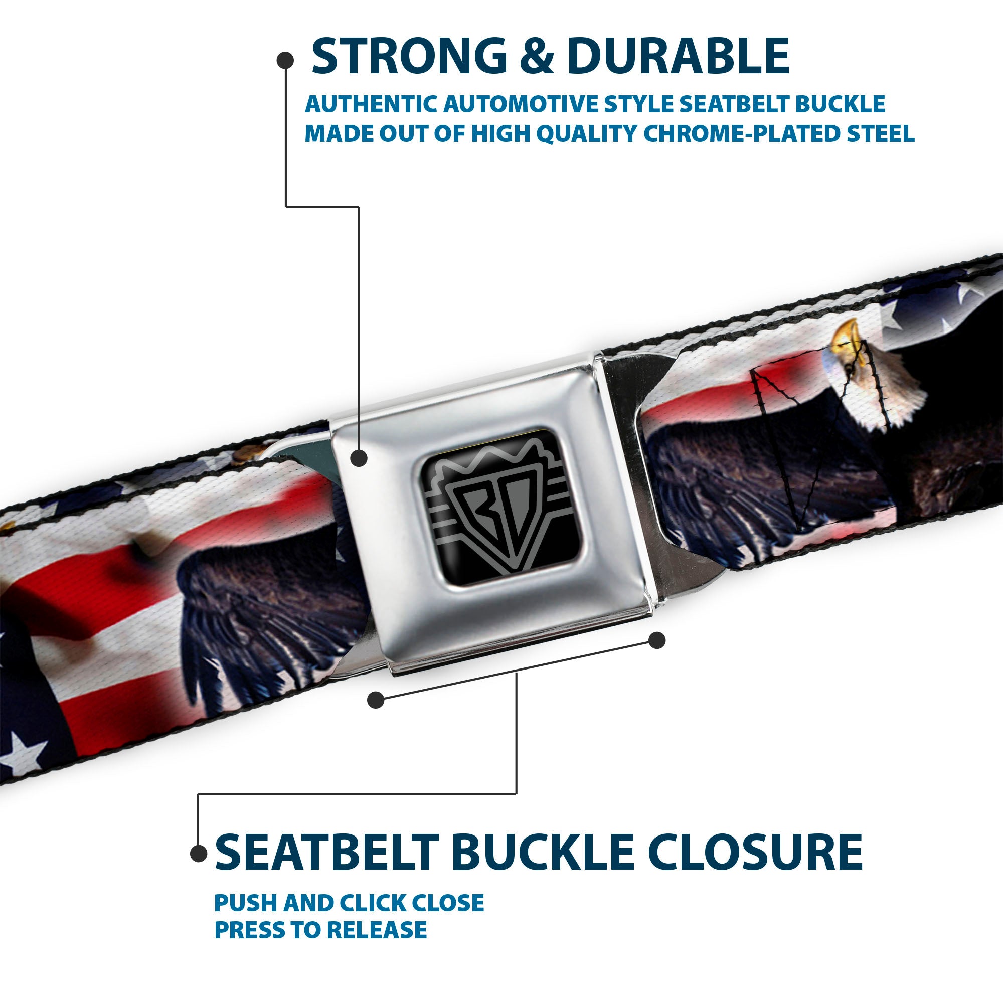 BD Wings Logo CLOSE-UP Full Color Black Silver Seatbelt Belt - Flying Eagle/American Flag Webbing Seatbelt Belts Buckle-Down